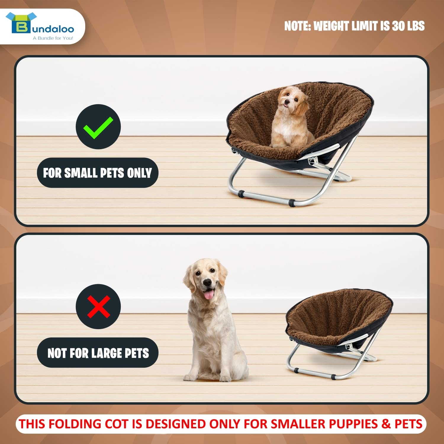 Bundaloo Elevated Dog & Cat Bed - Round Foldable Folding Pet Cot, Portable Seat Cushion with Removable & Washable Cover - for Small to Medium-Sized Pets - 30lbs Maximum Weight Capacity - 21" Wx15 H  - Like New