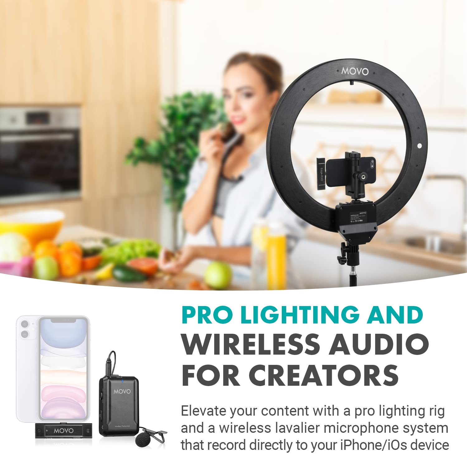Movo Creator Video Kit with VGC-30 LED Ring Light, Tripod Stand, and Edge-DI Wireless Lavalier Microphone for iPhone- Selfie Ring Light with Tripod Stand - Complete iPhone Wireless System for Vlogs - Very Good
