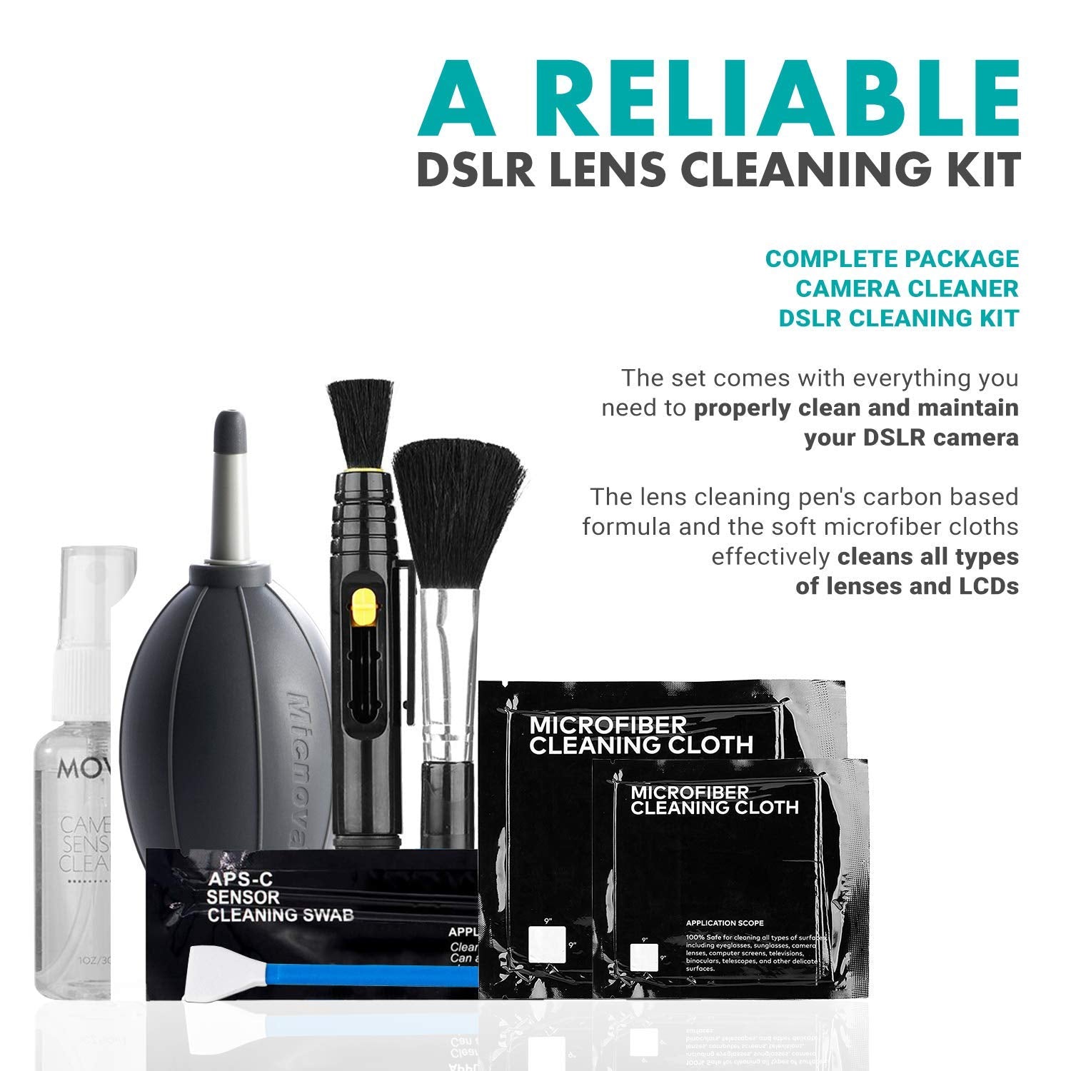 Movo Deluxe Essentials DSLR Camera Cleaning Kit with 10 APS-C Cleaning Swabs, Sensor Cleaning Fluid, Rocket Air Blower, Lens Pen, Soft Brush, 2X Small and 2X Large Microfiber Cloths and Carrying Case - Acceptable