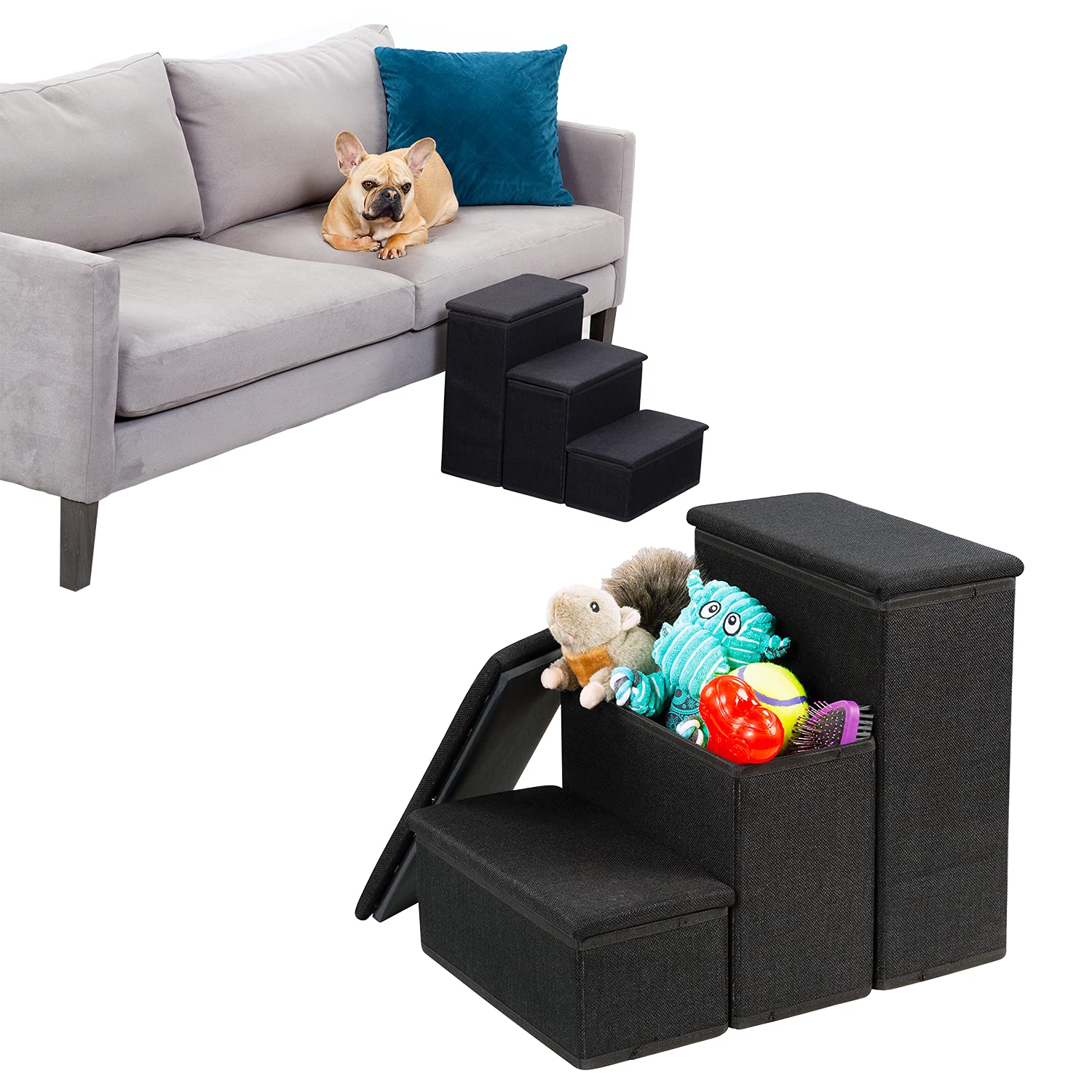 Bundaloo Dog Stairs with Storage - Foldable & Non-Slip 3-Layer Steps for Small & Medium Puppies, Cats - Spacious Compartment for Toys, Treats - Holds up to 100 lbs. - 14.75 x 13 x 18 Inches (Black)  - Very Good