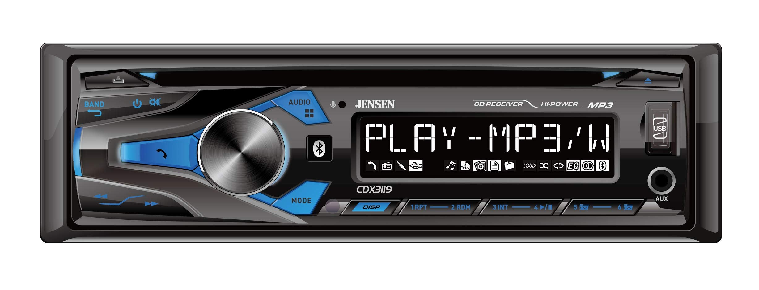 JENSEN CDX3119 10 Character LCD Single DIN Car Stereo Receiver, Bluetooth, USB Charging, Front AUX Input - Like New