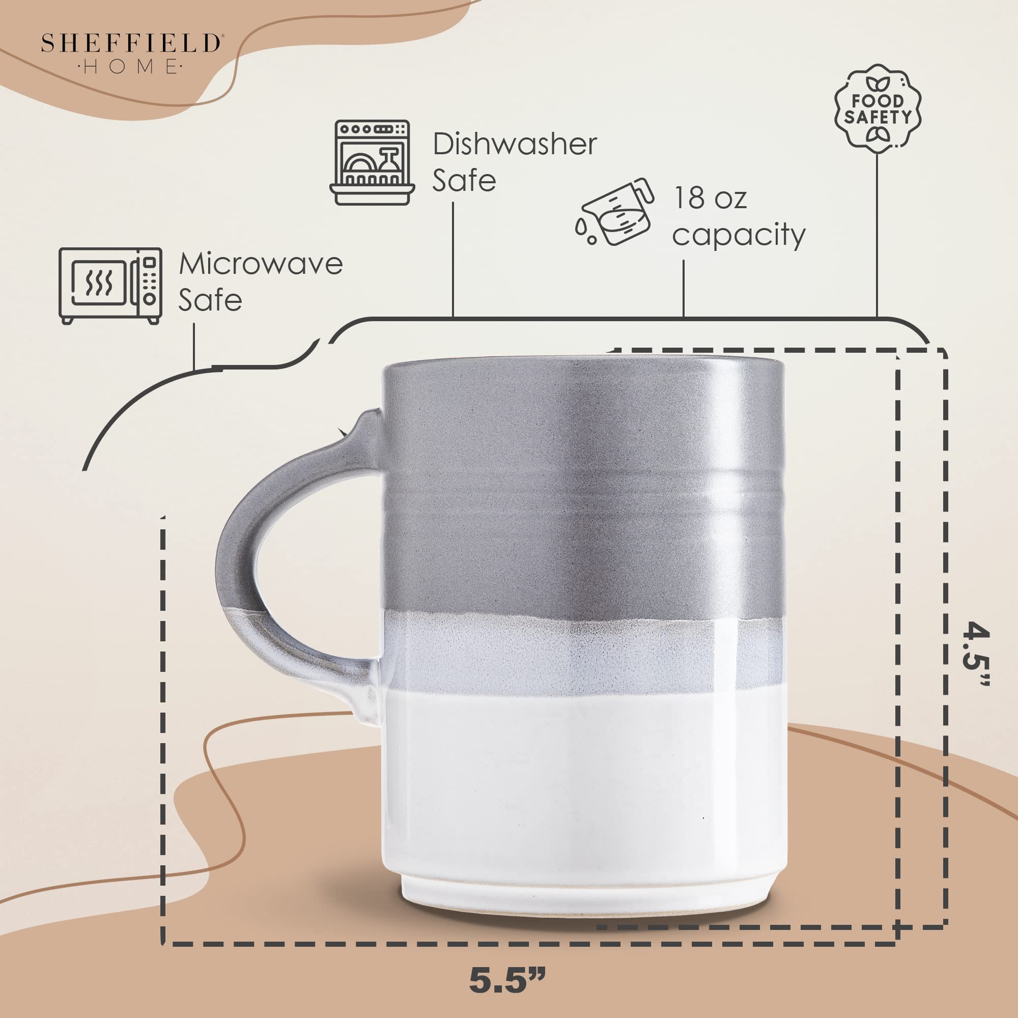 Dwell Studio Set of 2 Stoneware Coffee Mugs- Ombre Printed Coffee Cups, Mugs for Tea, Latte, and Hot Chocolate, 16 oz, Microwave and Dishwasher Safe (Grey) - Like New