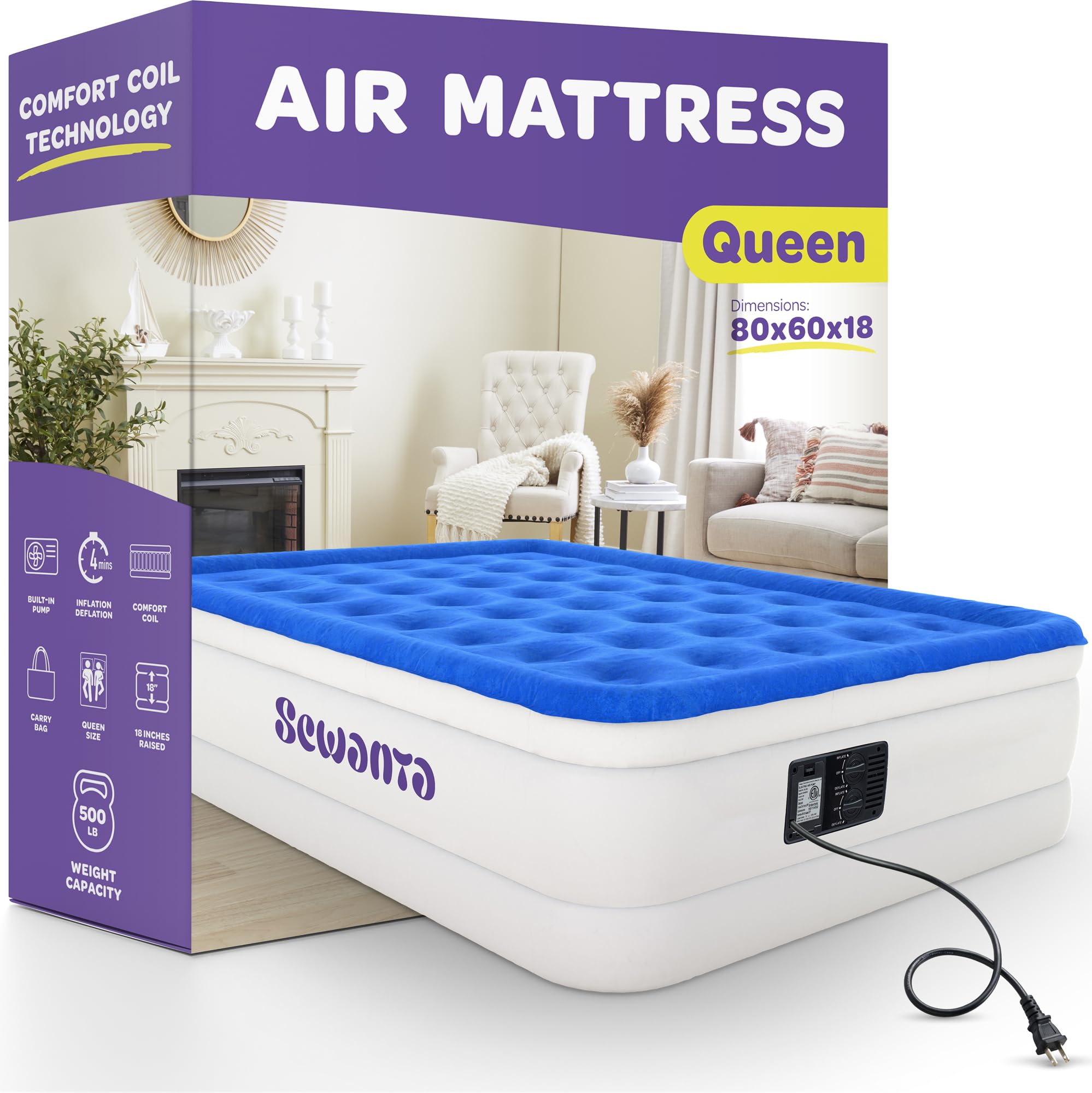 Air Mattress Queen Size, Luxury Air Mattress with Built in Pump, Plush Elevated with Comfort Coil Beam Technology - 18" Height Inflatable Mattress, Portable for Home/Camping/Guests (300Lb. Capacity) - Very Good