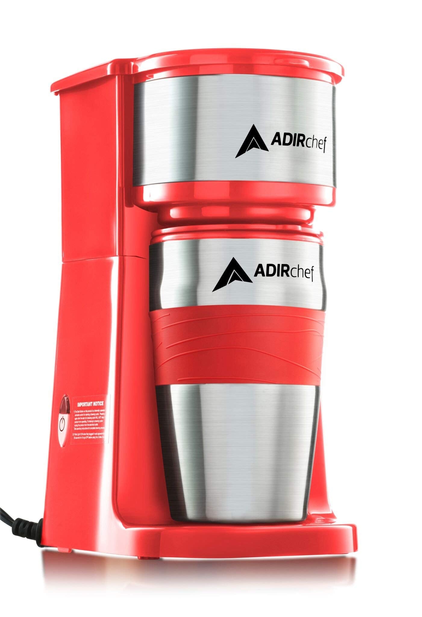 AdirChef Single Serve Mini Travel Coffee Maker & 15 oz. Travel Mug Coffee Tumbler & Reusable Filter for Home, Office, Camping, Portable Small and Compact (Red) - Acceptable
