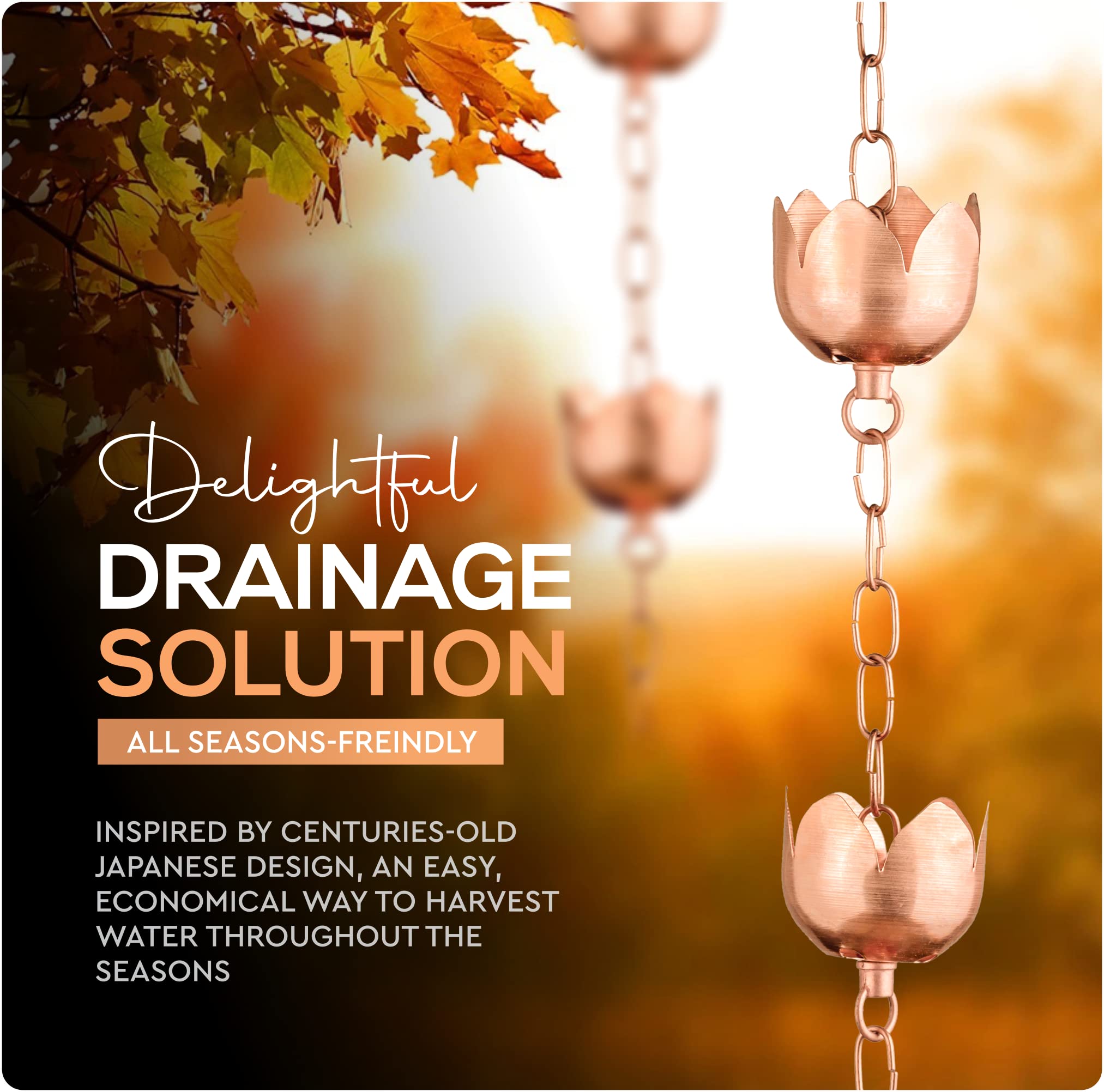 Marrgon Copper Rain Chain – Decorative Chimes & Cups Replace Gutter Downspout & Divert Water Away from Home for Stunning Fountain Display – Sizes 6.5’ or 8.5' for Universal Fit – Flower Style - Like New