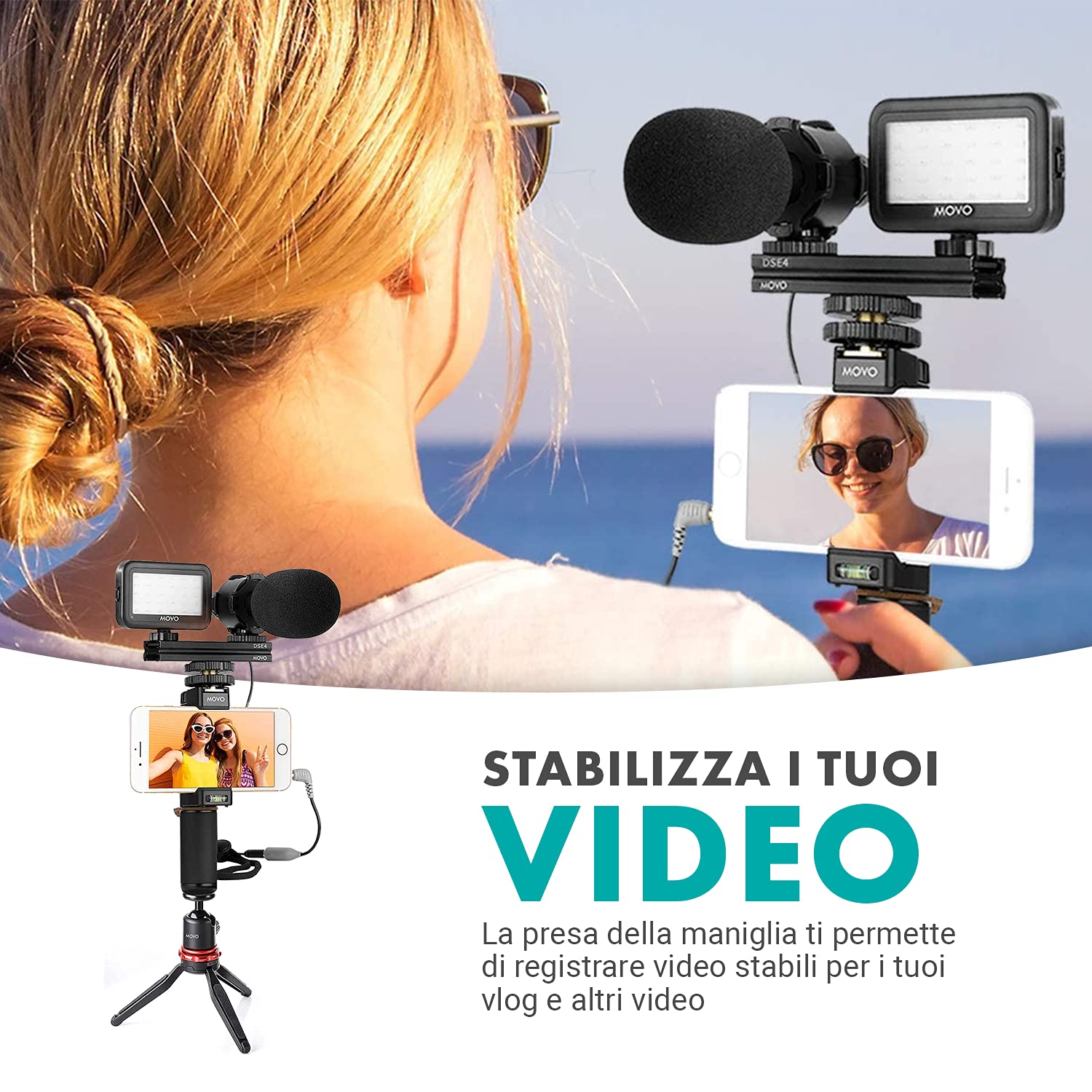 Movo V7+ YouTube Starter Kit - Vlogging Kit for iPhone with Tripod, Grip, Stereo Microphone, LED Light and Remote - Vlog Kit for iPhone 5, 5C, 5S, 6, 6S, 7, 8, X, XS or Samsung - iPhone Vlogging Kit - Good