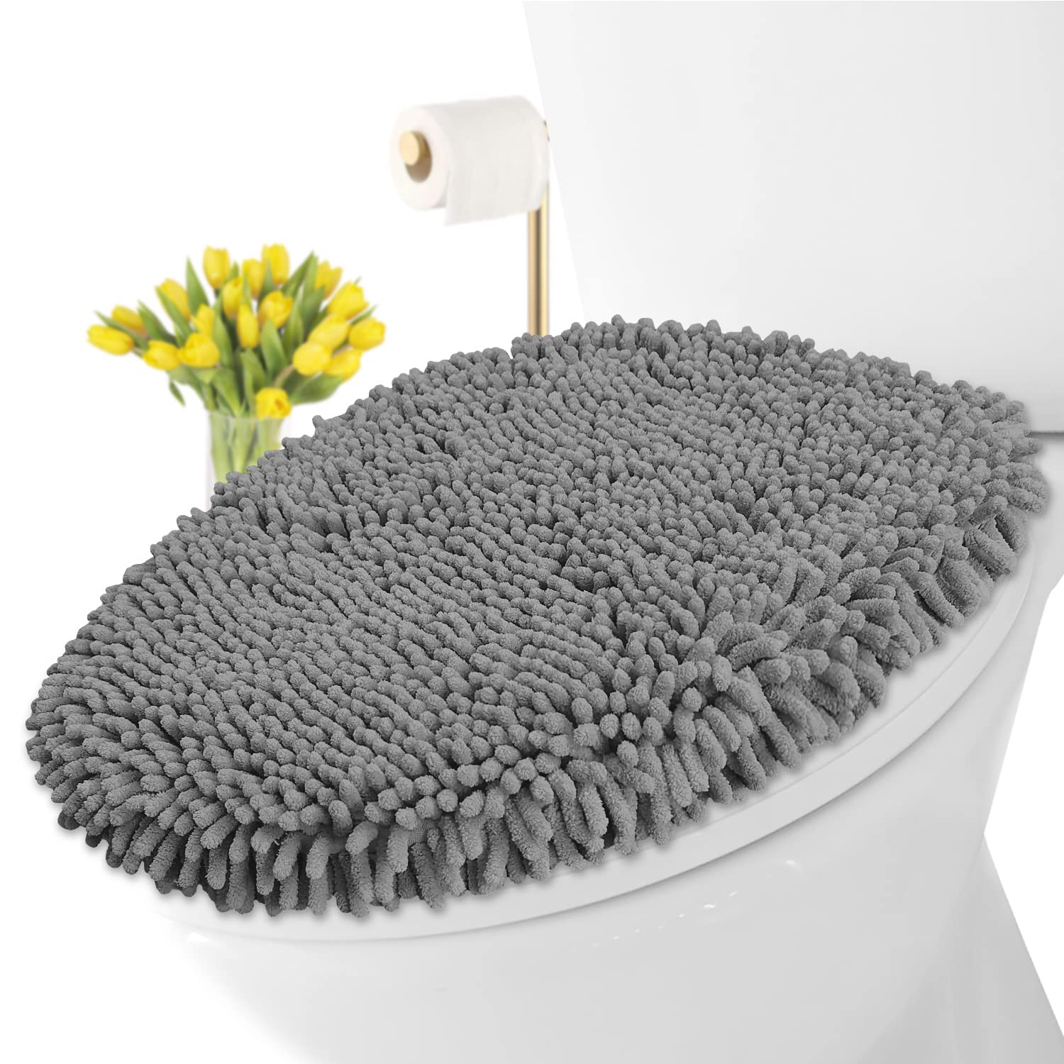 LuxUrux Soft Chenille Bathroom Toilet Lid Cover, Machine Washable Seat Covers, 18.5 x 18.5'', Stays in Place Rubber Backing, Fits Most Round, Elongated and Oblong Lids, Accessories Decor, Gray - Like New