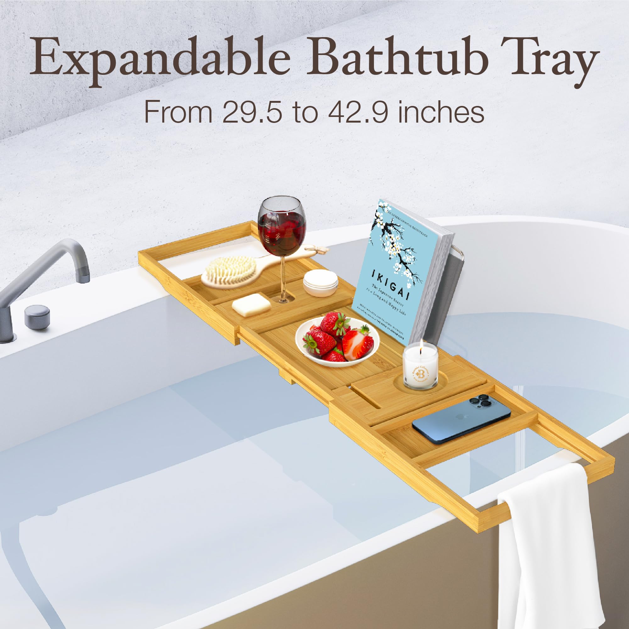 Bambüsi Bathtub Tray Table - Collapsible & Adjustable Bathtub Caddy - Space-Saving Folding Bath Tub Tray - Bamboo Wood Bathtub Accessories - Unique Gifts for Women or Men - Like New