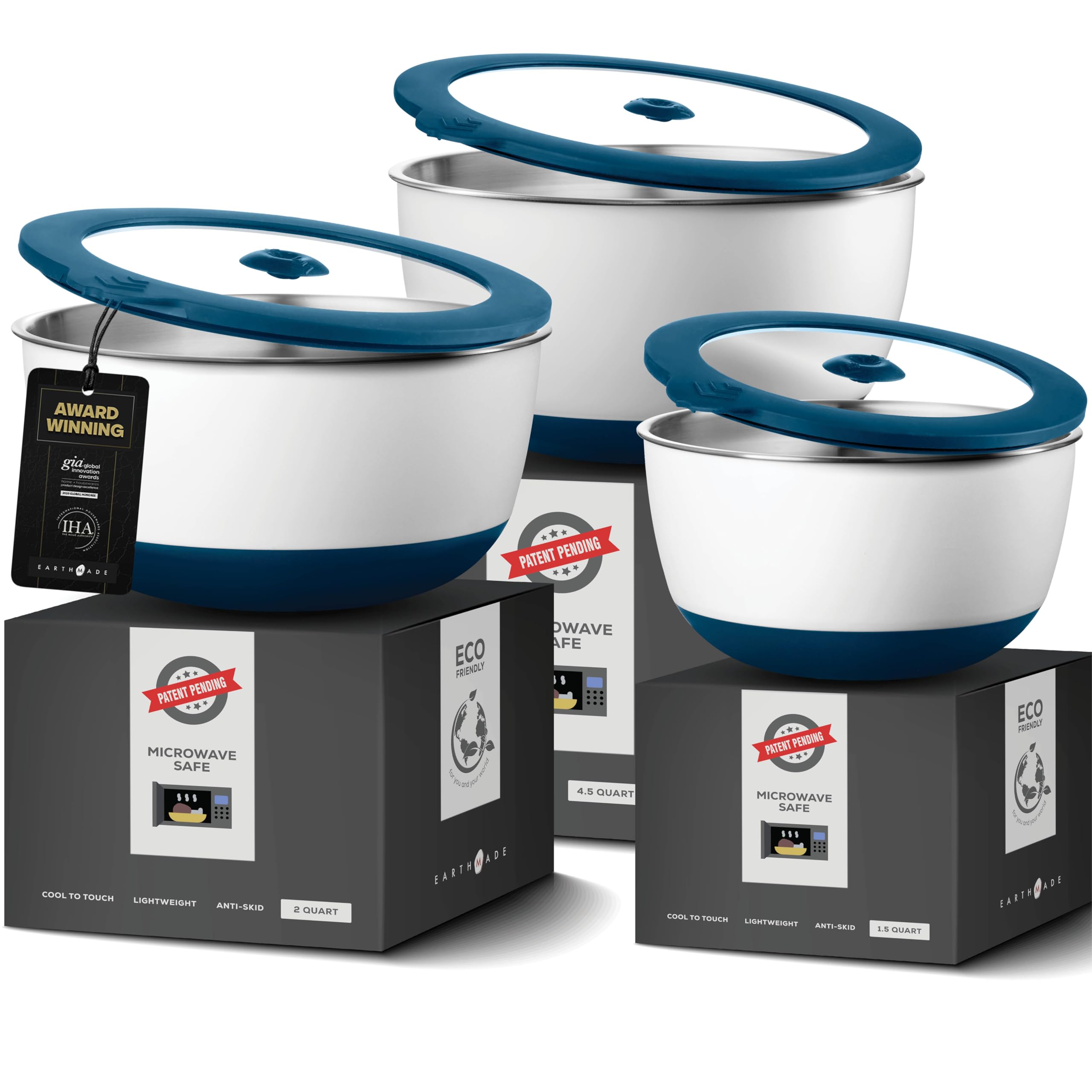 Earthmade Evolution Microwave Stainless Steel Mixing Bowl with Lid Set, 1.5qt. 2qt. 4.5qt. Tempered Glass Lids- Glass Mixing Bowl Alternative, Eco Friendly, - Like New