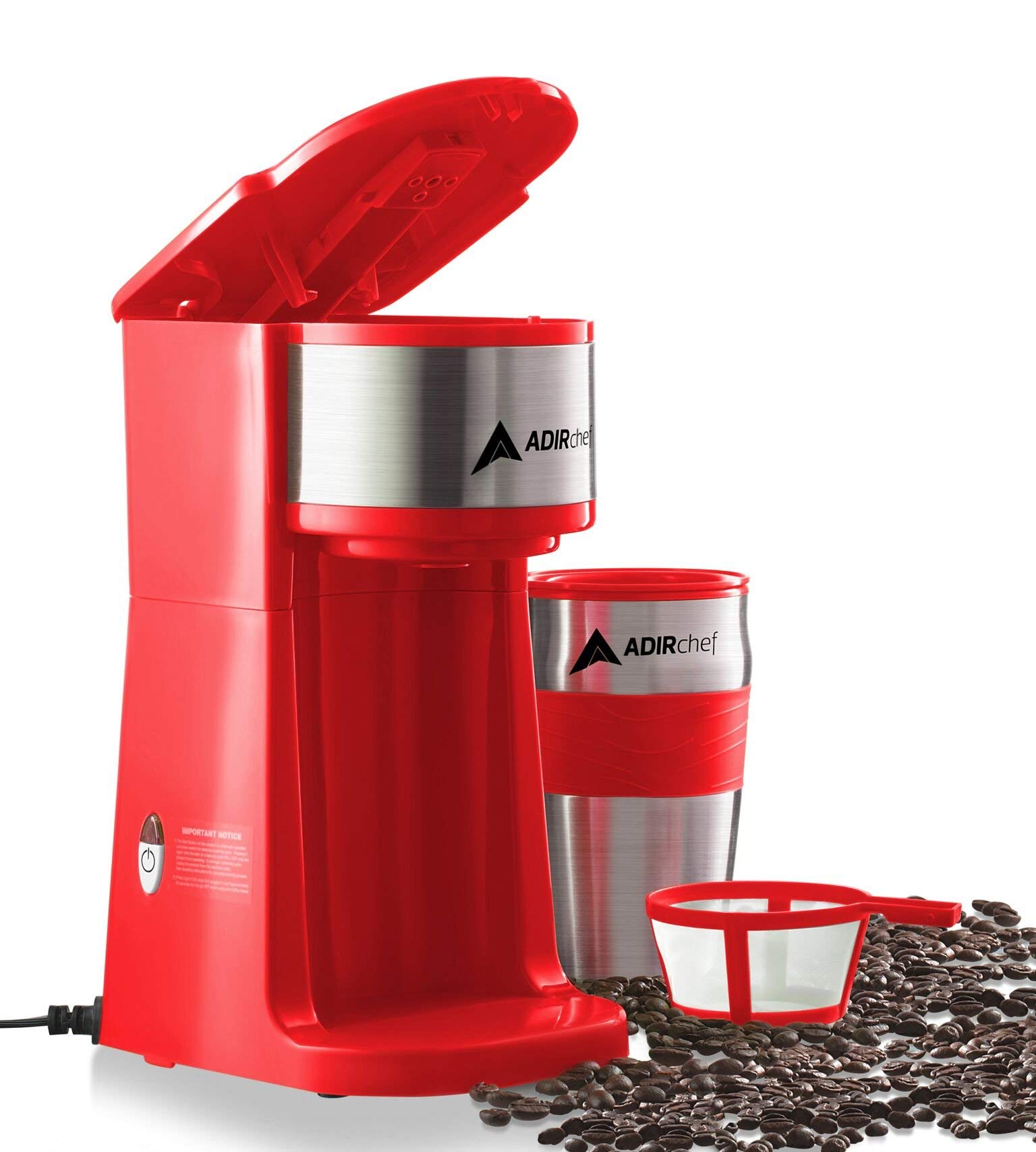 AdirChef Single Serve Mini Travel Coffee Maker & 15 oz. Travel Mug Coffee Tumbler & Reusable Filter for Home, Office, Camping, Portable Small and Compact (Red) - Acceptable