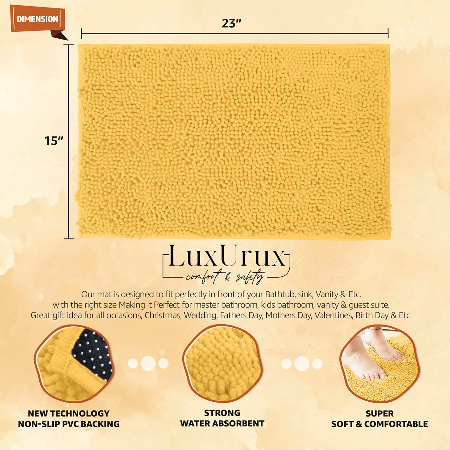 LuxUrux Yellow Bathroom Rugs, Luxury Bath Mat-Extra-Soft Plush Bathroom Rug,1'' Chenille Microfiber, Super Absorbent Shaggy Bath Rug, 24'' x 17'', Yellow. - Very Good