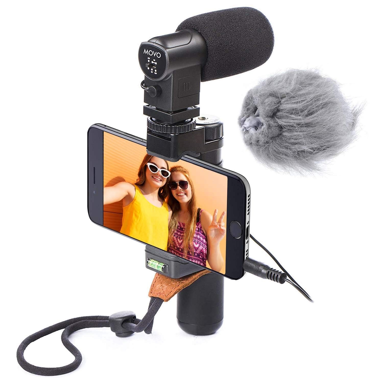 Movo Smartphone Video Rig with Stereo Microphone, Grip Handle, Wrist Strap for iPhone 5, 5S, 6, 6S, 7, 8, X, XS, XS Max, 11, 11 Pro, Samsung Galaxy S5, S6, S7, S8, S9 - Vlogging Equipment, Vlog Mic - Like New