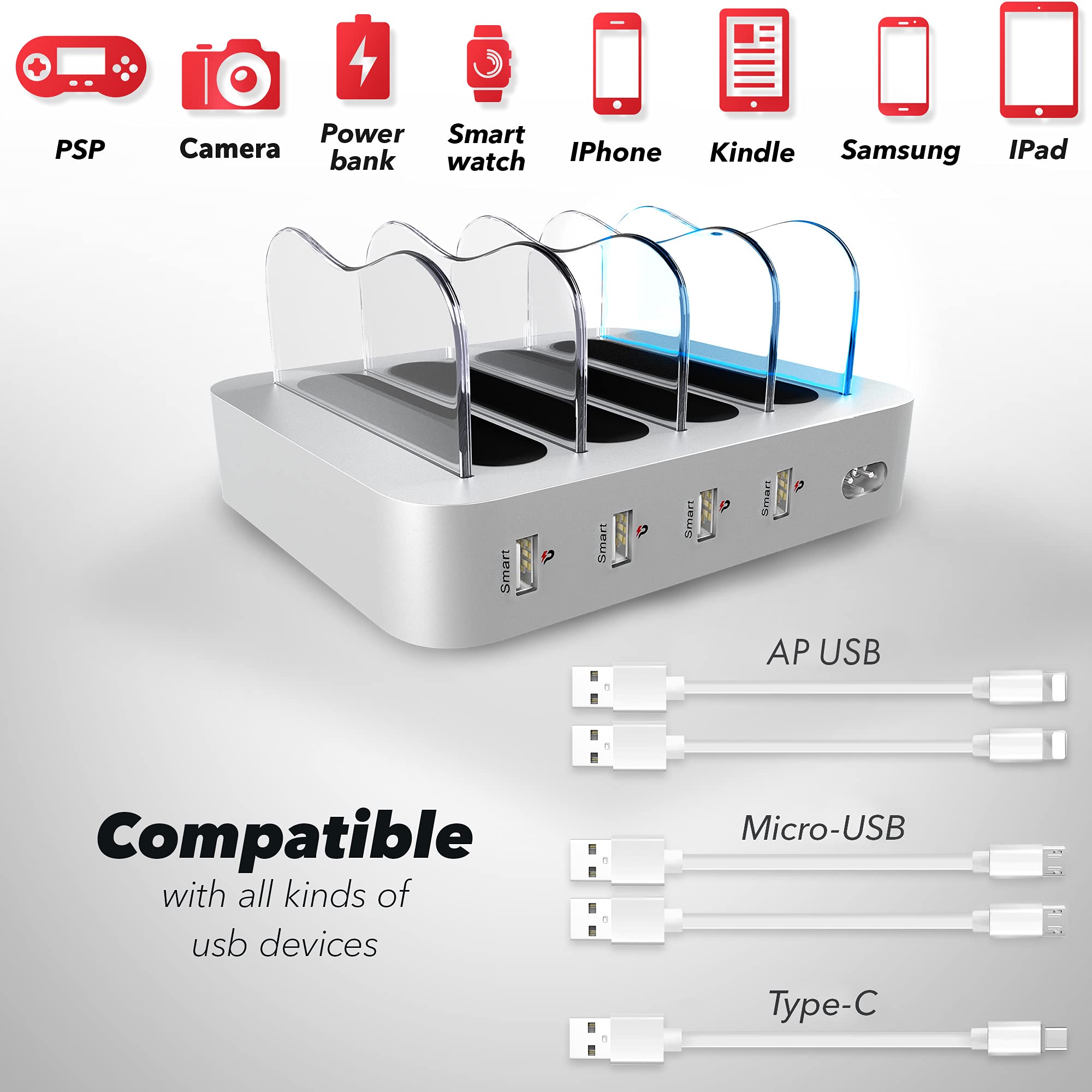 Poweroni USB Charging Station for Multiple Devices Apple Android Compatible - Charging Station Organizers - Fast Charge Multi Device Phone Charger Station Charging Dock - Very Good