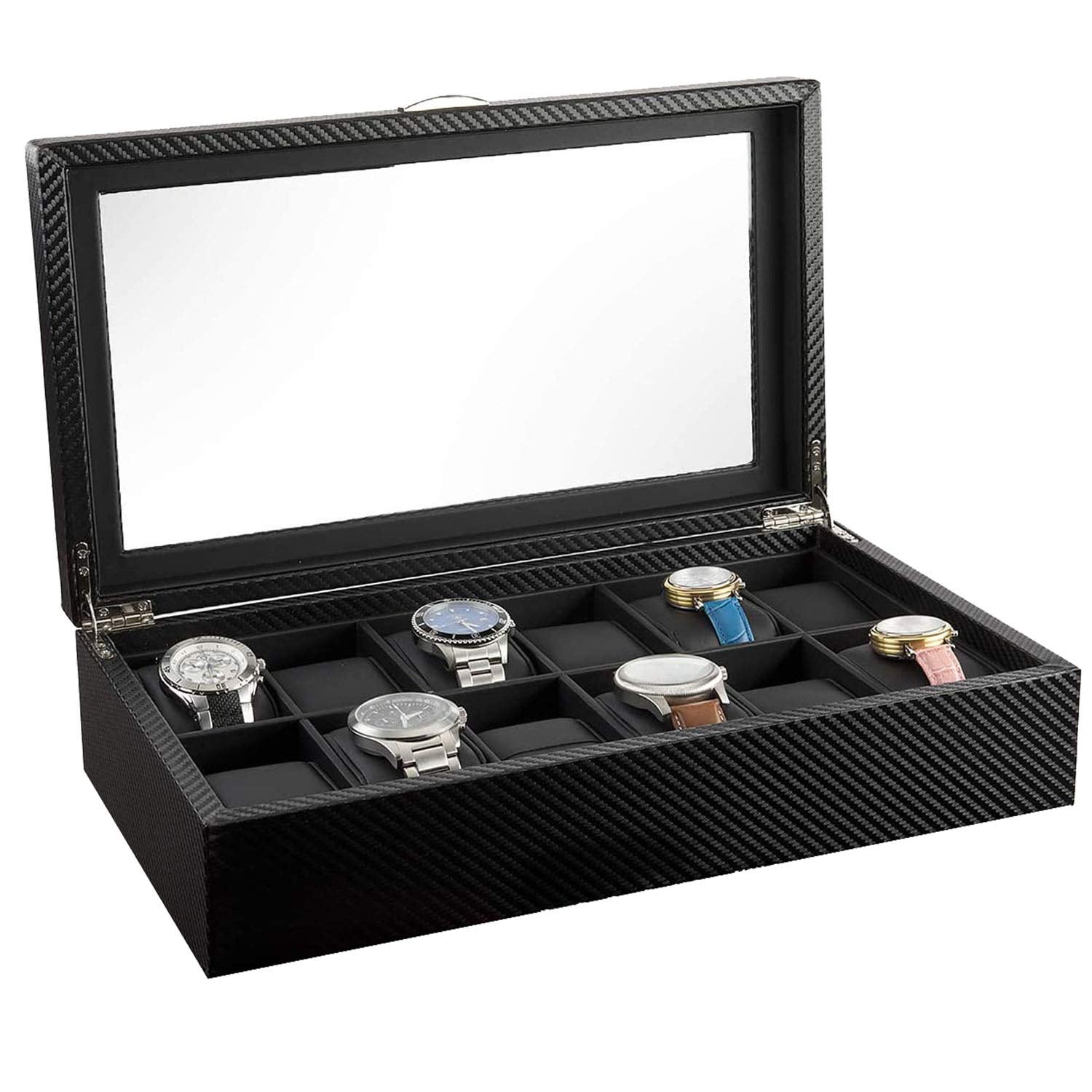 HAUTEROW Watch Box- Display Case & Organizer For Men| First-Class Jewelry Watch Holder| 12 Watch Slots| Sleek Black Color, Glass Top, Carbon Fiber, & Faux Leather - Good