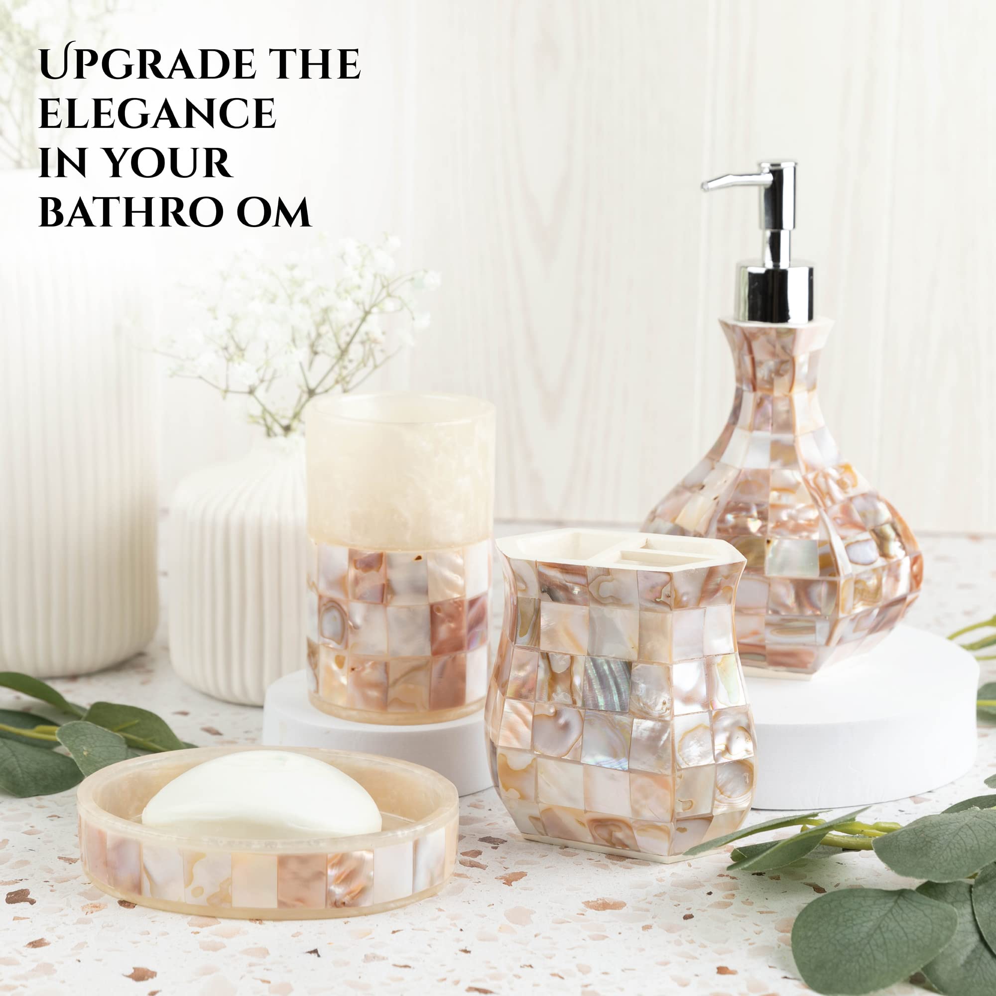 Bathroom Accessories Set - 4 Piece Bathroom Accessory Set with Natural Mother of Pearl Shells - Decorative Bathroom Set Includes: Soap Dispenser, Toothbrush Holder, Tumbler and Soap Dish - Like New