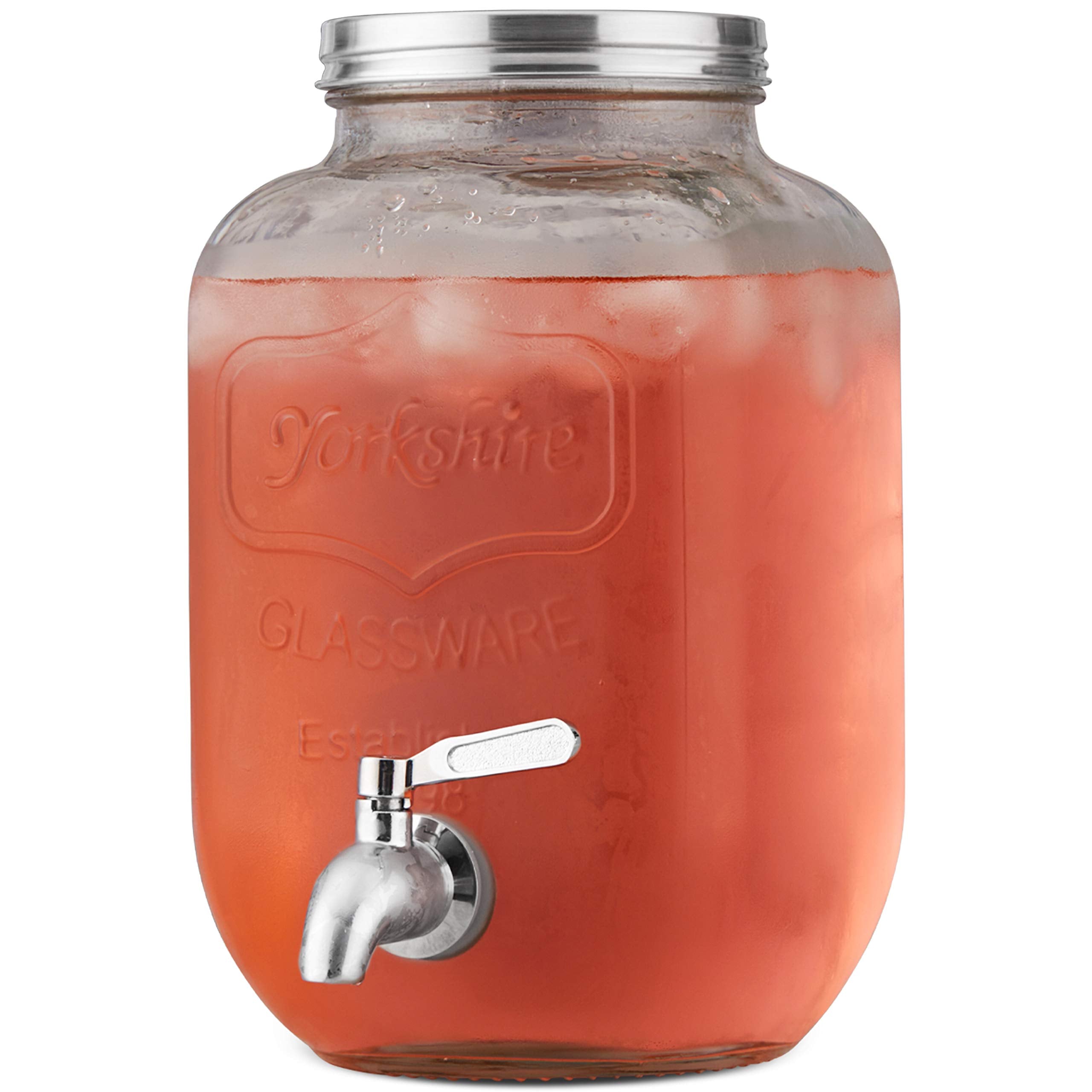 1 Gallon Glass Beverage Drink Dispenser with Metal Spigot - Yorkshire Mason Jar Glassware Wide Mouth Metal Lid Stainless Steel Spigot- Sun Tea, Iced Tea, Kombucha Fermenting, Juice, Beer, Wine, Liquor - Like New