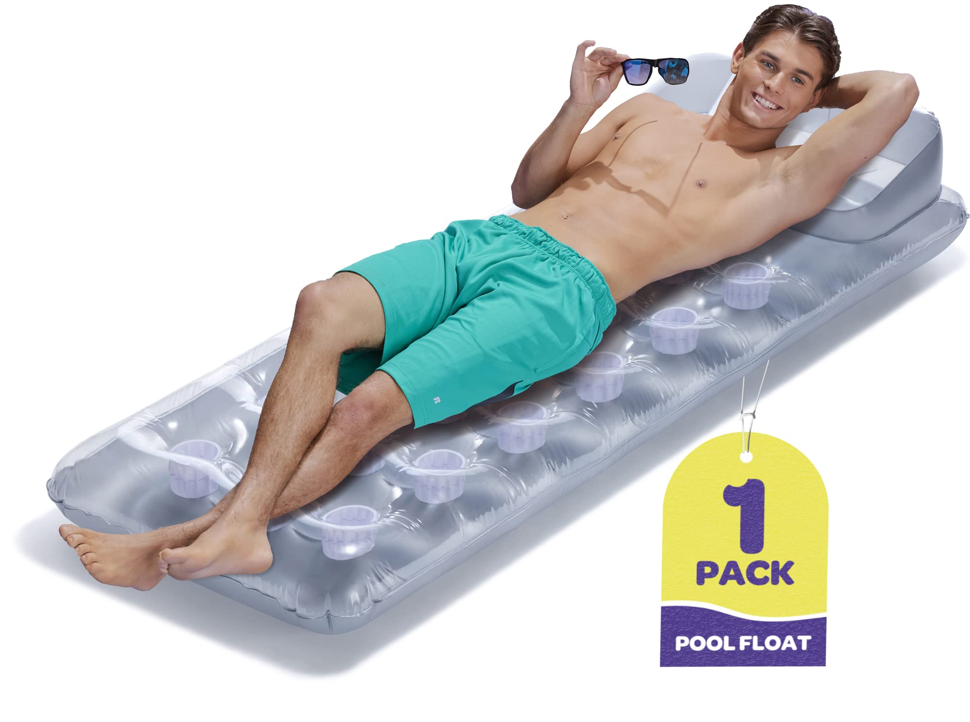 Inflatable Pool Lounger 74” X 28” Pool Floats with Headrest, 18-Pocket Suntanner Lounge Grey Color. Silver Bottom/Clear Top - Inflatable Pool Rafts for Adults, Bundled with SEWANTA Duckie - Like New