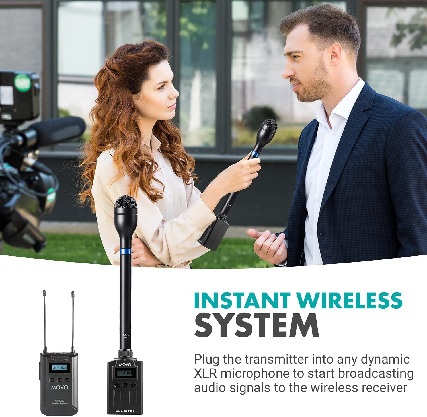 Movo WMX-20-RX-TXLR Wireless Microphone System with Plug-on XLR Transmitter Adapter and Portable Receiver - Converts Self Powered Shotgun Mics, Lavs, Dynamic Microphones to Wireless - for Stage, Film - Like New