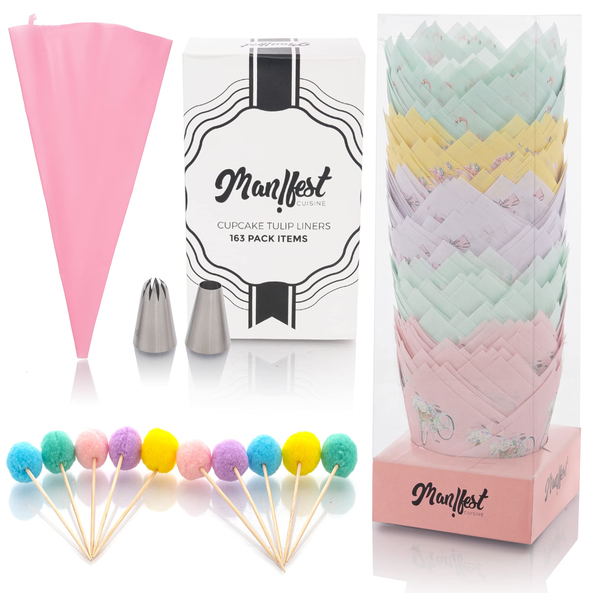 Man!fest Cuisine Tulip Cupcake Cup - 150 PCS Tulip Cupcake Liners Muffin Parchment Baking Cups Greaseproof Colorful Paper Wrapper Standard for Party Wedding Birthday Baby Shower Decorations Set - Like New