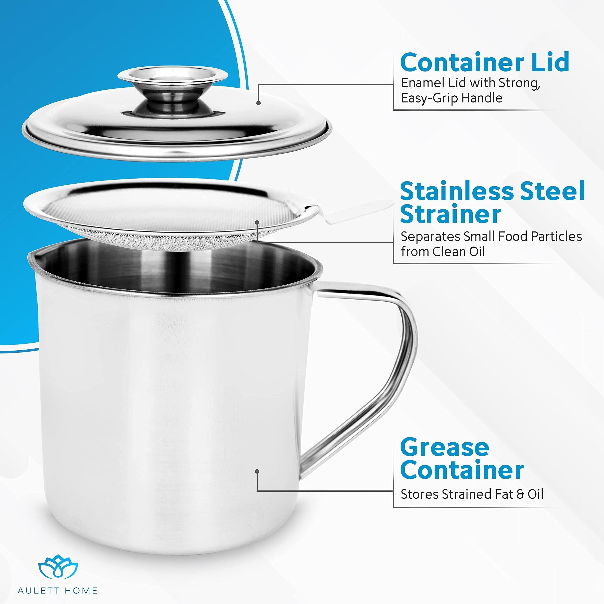 Aulett Home Bacon Fat Container With Oil Strainer - Storing Fats, Cooking Oil, Drippings - Oil Separator for Cooking - 1.25 Quart or 5 Cups Stainless Steel Grease Keeper with Oil Fat Separator - Like New