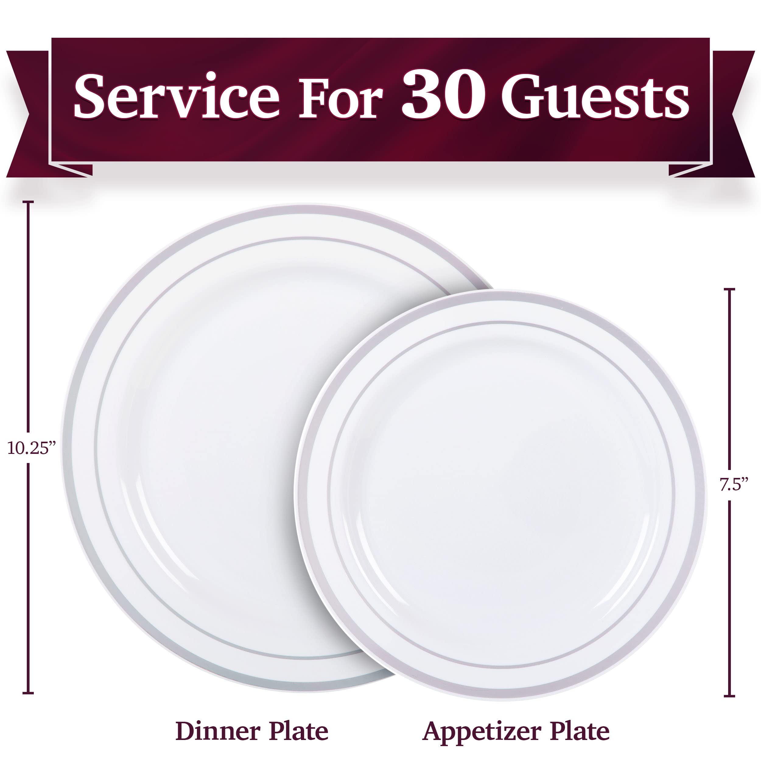 Aya's 60 Silver Plastic Plates Disposable Heavy Duty Premium Plastic Plates, 30 Plastic Dinner Plates + 30 Dessert Appetizer Plates for Weddings, Fancy Disposable Plates for Party White Plastic Plates - Good