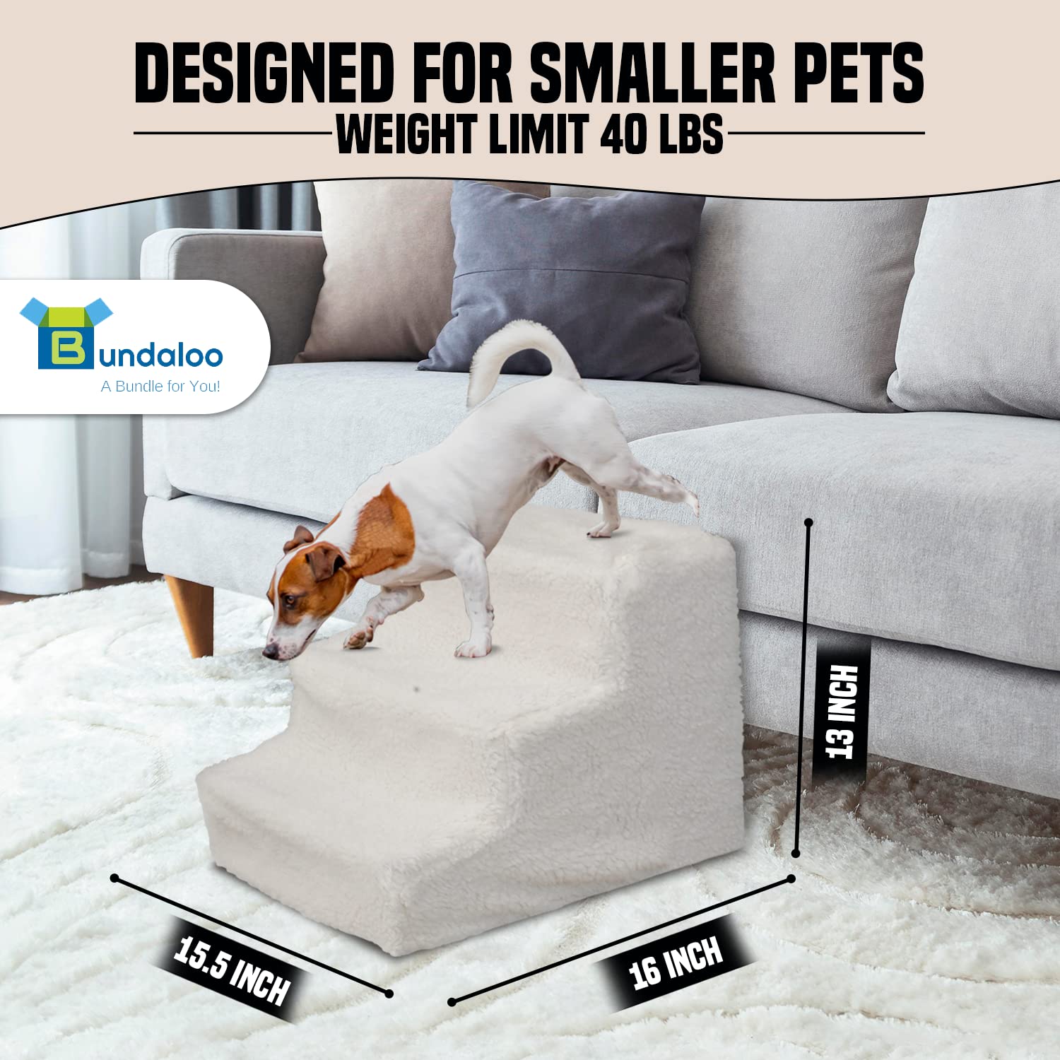 Bundaloo Dog Stairs for High Beds, Steps for Smaller Pets with Removable and Washable Cover, No Tools Required (White) - Very Good
