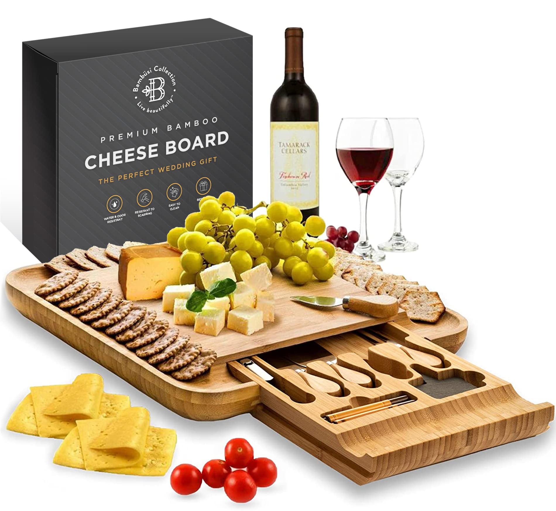 Charcuterie Boards Gift Set - Bamboo Cheese Board, Large Charcuterie Board - Unique Gifts for Women - Mothers Day, House Warming Gifts New Home - Wedding Gifts for Couple, Bridal Shower Gift. Bamb�si