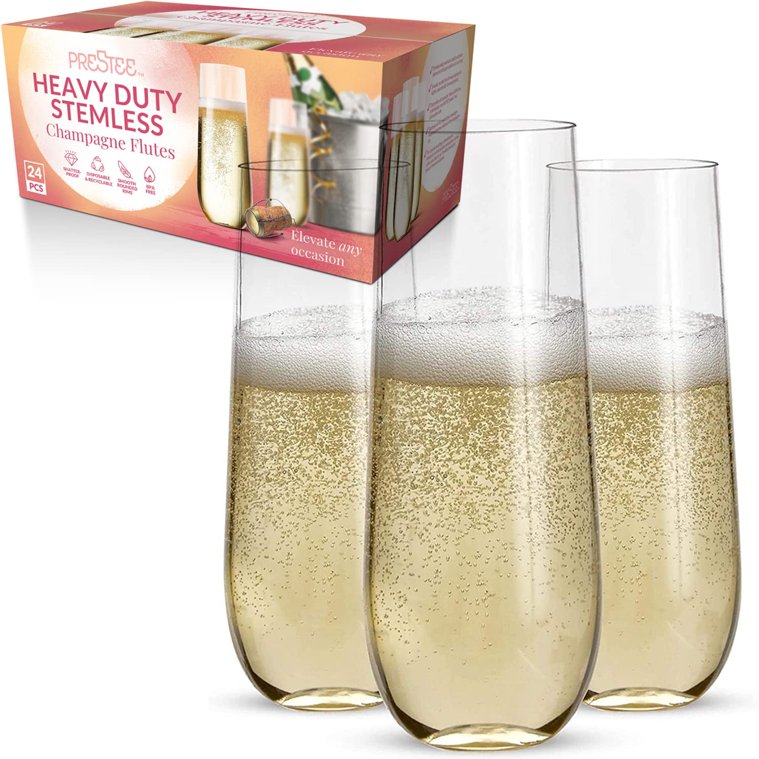 Prestee 24 Plastic Champagne Flutes (Heavy Duty), Clear Plastic Champagne Glasses Disposable for Parties, Plastic Toasting Glasses, Plastic Mimosa Glasses Disposable, New Years Eve Party Supplies 2024  - Acceptable