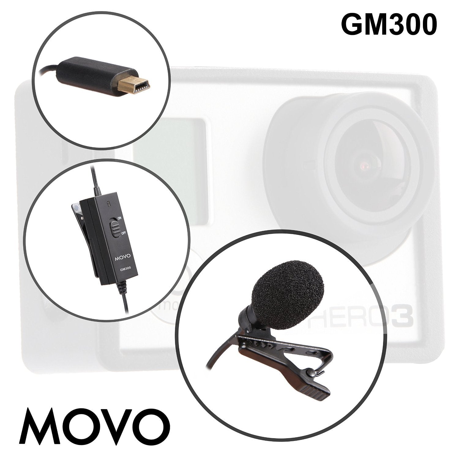 Movo GM300 Lavalier GoPro Microphone - Omnidirectional Lavalier Microphone Compatible with GoPro HERO3, HERO3+ and HERO4 Black, White and Silver Editions (9-Foot Cord) - Like New