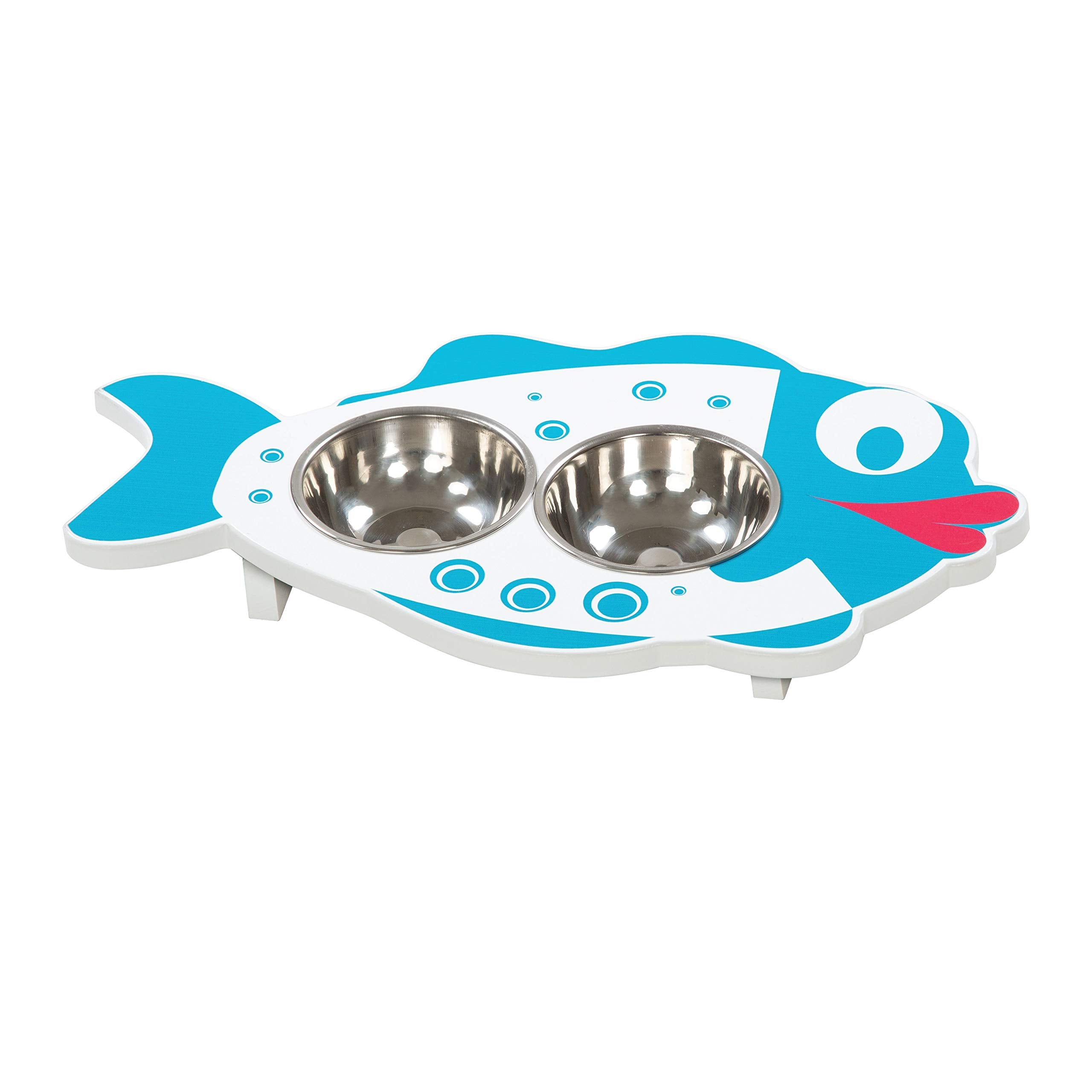 E.P.C Elevated Hand Painted Fish Design Wood Pet Feeder with 2 Stainless Steel Bowls - Like New
