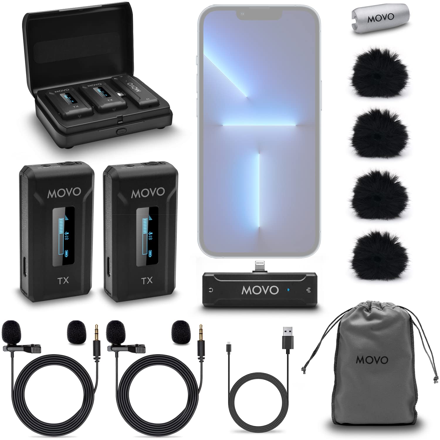 Movo WMX-2-L-DUO Wireless Microphone for iPhone with Charging Case, Lightning Connector, 328ft Range, 7hr Battery Life - Good