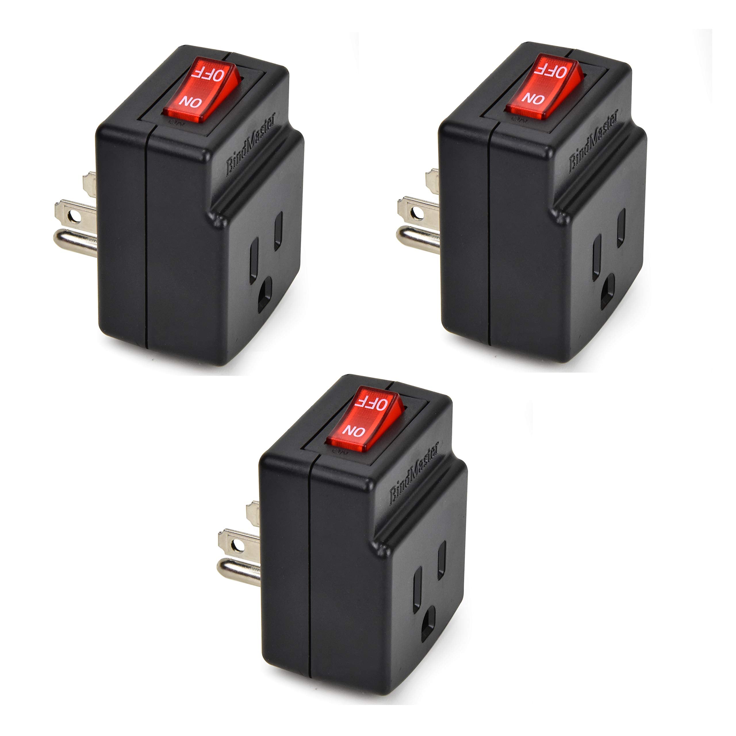 BindmMaster 3 Prong Grounded Single Port Power Adapter with Red Light Indicator On/Off Switch to be Energy Saving, Black (3 Pack)� - Like New