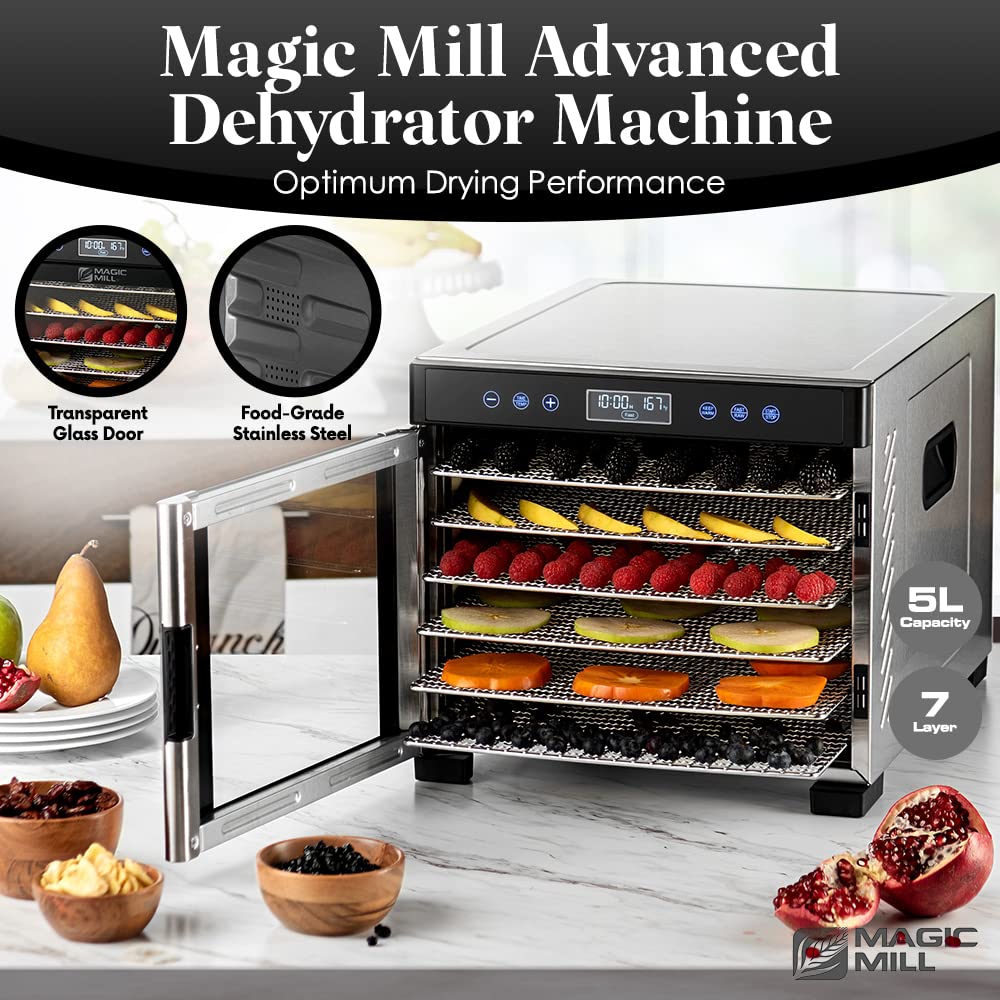 Magic Mill Commercial Food Dehydrator Machine | 7 Stainless Steel Trays | Adjustable Timer, Temperature Control | Dryer for Jerky, Herb, Beef, Fruit  - Acceptable