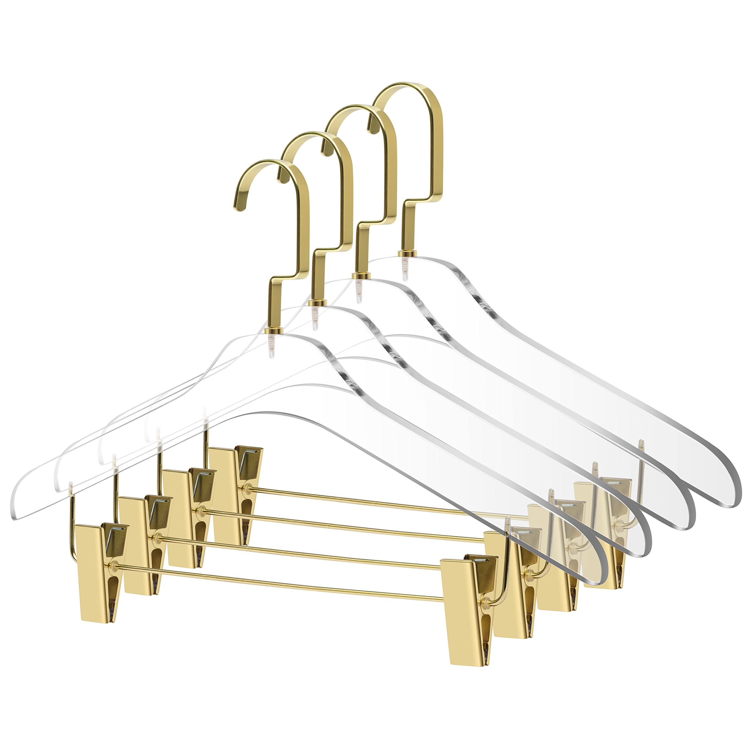 Quality Clear Acrylic Skirt Pant Hangers with Clips � 4 Pack, Stylish Clothes Hanger with Gold Hooks - Coat Hanger for Dress, Suit - Closet Organizer Adult Hangers - Cloth Hangers (Gold Hook, 4) - Like New