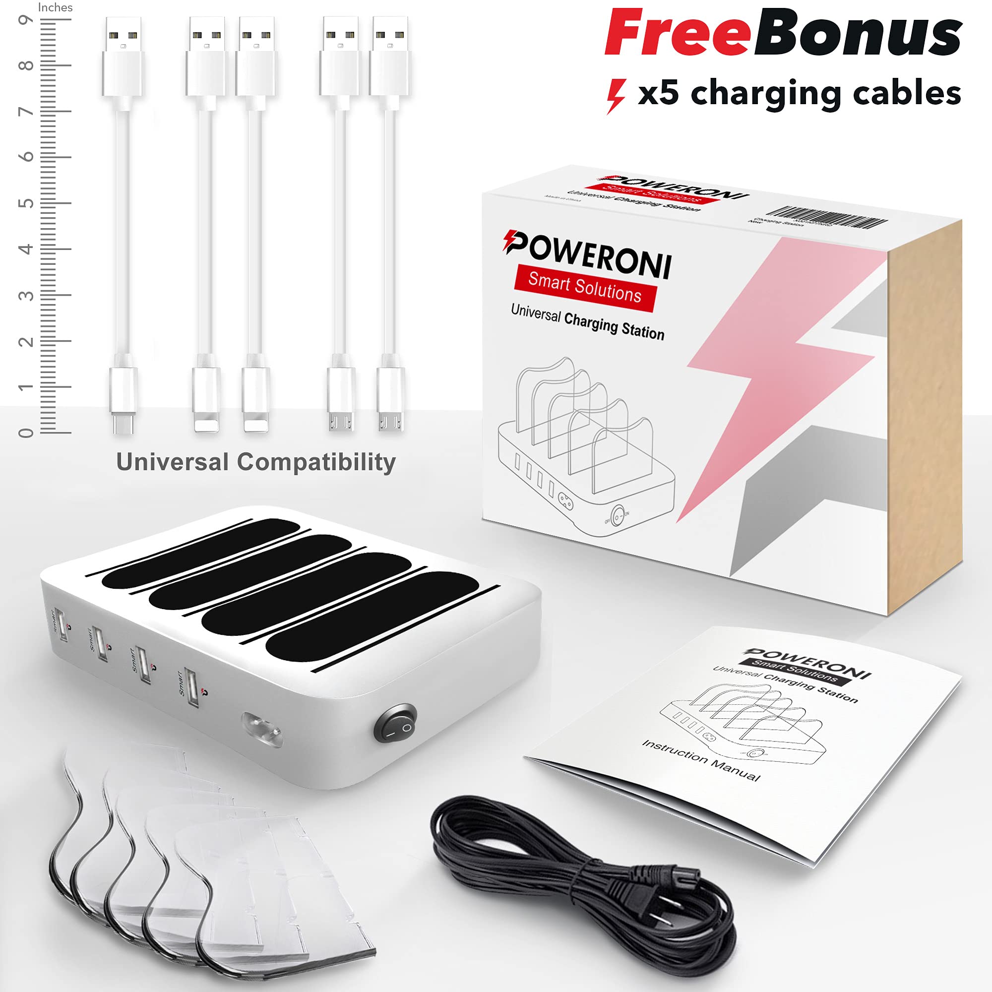 Poweroni USB Charging Dock - 4-Port - Fast Charging Station for Multiple Devices Apple - Multi Device Charger Station - Compatible with Apple iPad iPhone and Android Cell Phone and Tablet  - Acceptable
