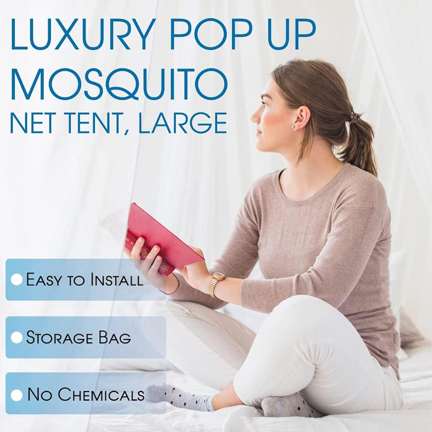 Even Naturals Luxury Mosquito Net Pop Up Tent, Large - for Twin to Queen Size Bed Tent - Mosquito Netting for Camping - Bug Net - Canopy Outdoor, Bed Tent - Insect Screen - Ultralight, Folding Design - Like New