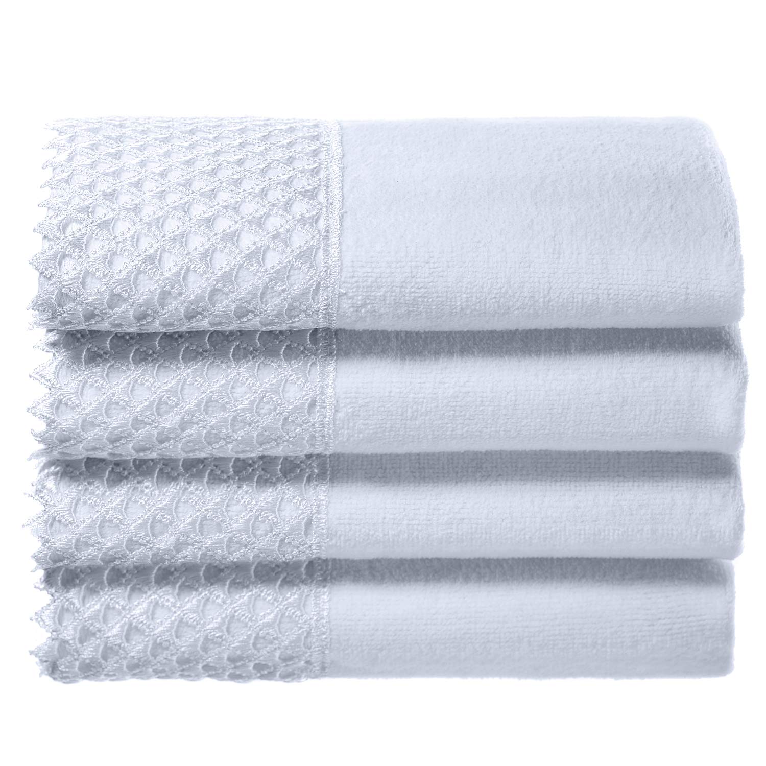 Creative Scents Decorative Fingertip Embellished White Gorgeous Lace Towels for Bathroom and Powder Room - 4 Pack 11 by 18" Cotton Velour Towel Set Packaged in Gift Box for Best Gift (White) - Like New