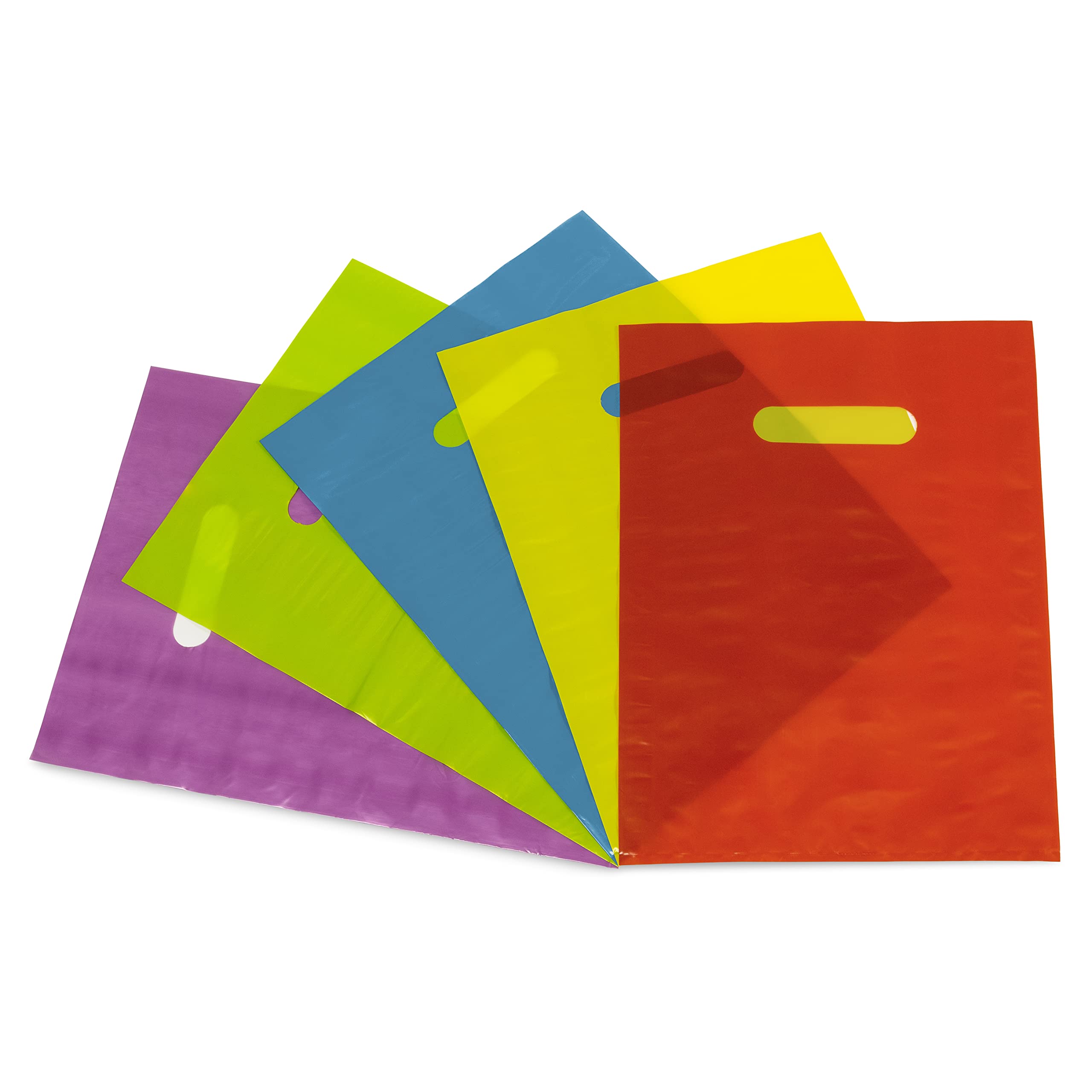 Merchandise Bags - 9x12 Inch 100 Pack Plastic Bags for Small Business, Multi Color Retail Shopping Totes with Handles in Bulk for Boutiques, Stores, Kids Birthday Parties, Favors, Goodies, Thank You - Very Good