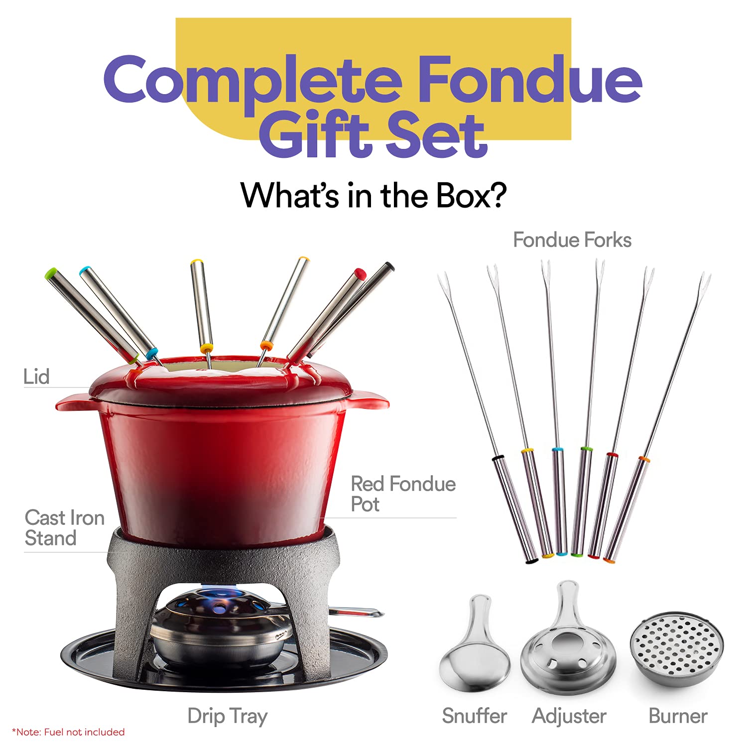 Klee 12-Piece Cast Iron Fondue Set with Red Fondue Pot, 6 Fondue Forks, Fondue Burner and Fondue Pot Base, 44 oz - Acceptable