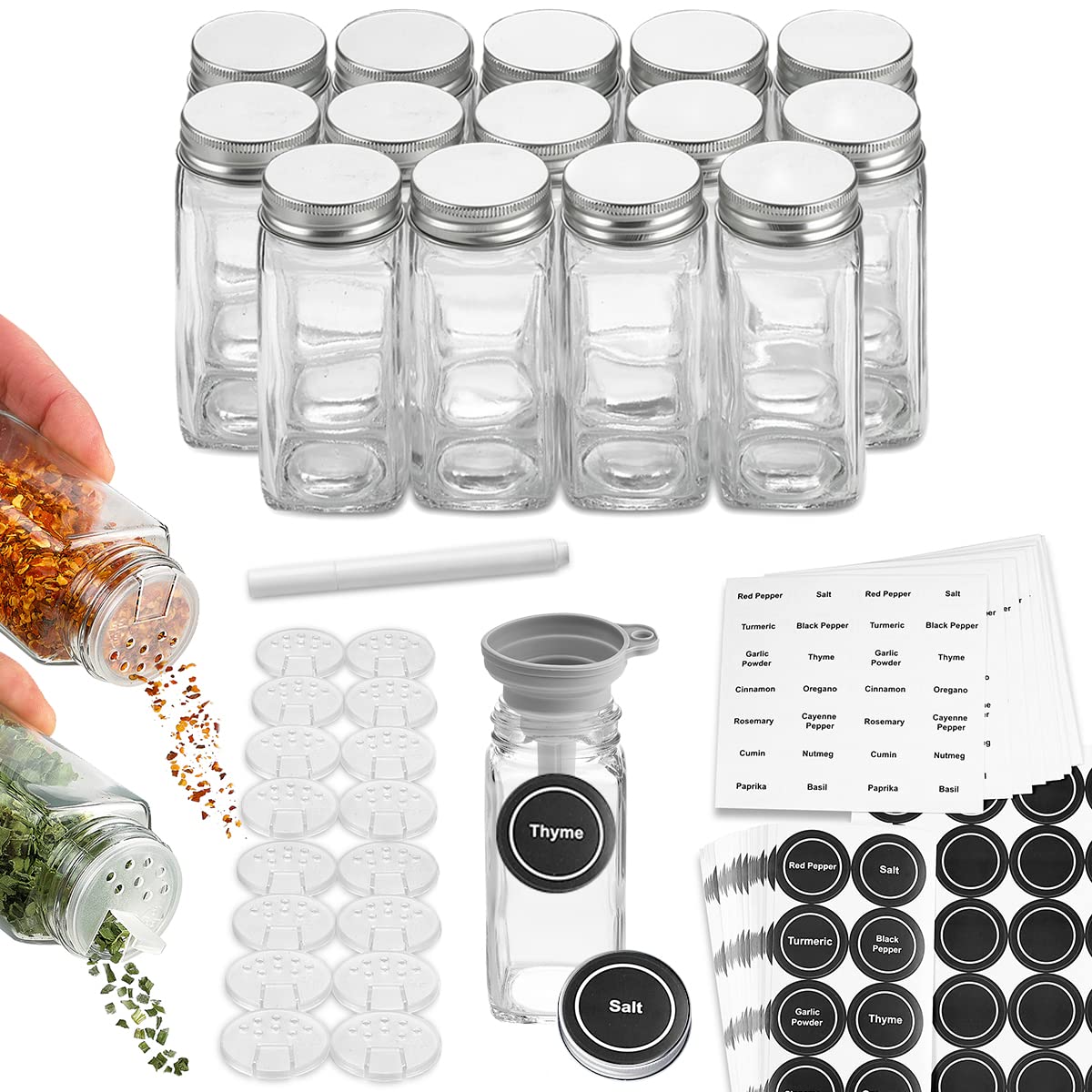 Spice Jars Glass Empty 4 oz - Spice Bottles Empty Glass with Labels Container Shaker Lids, Airtight Metal Caps and Chalkboard/Clear PVC Seasoning Labels, Chalk Marker & Collapsible Funnel - Like New