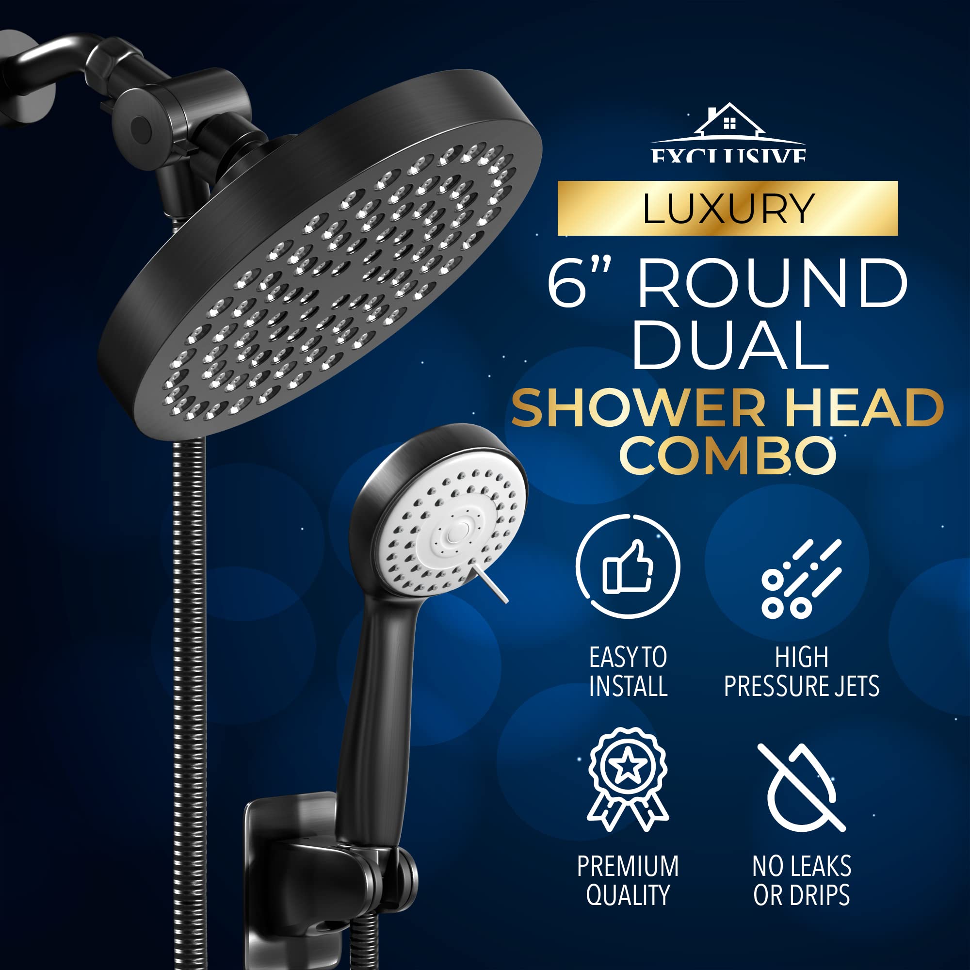 Shower Head With Handheld Combo, 6 Inch High Pressure Rainfall Showerhead With Hand Held 70 Inch Hose for Bath - Adjustable Swivel Shower Head Spray Anti-leak Nozzles - Universal Fit - Like New