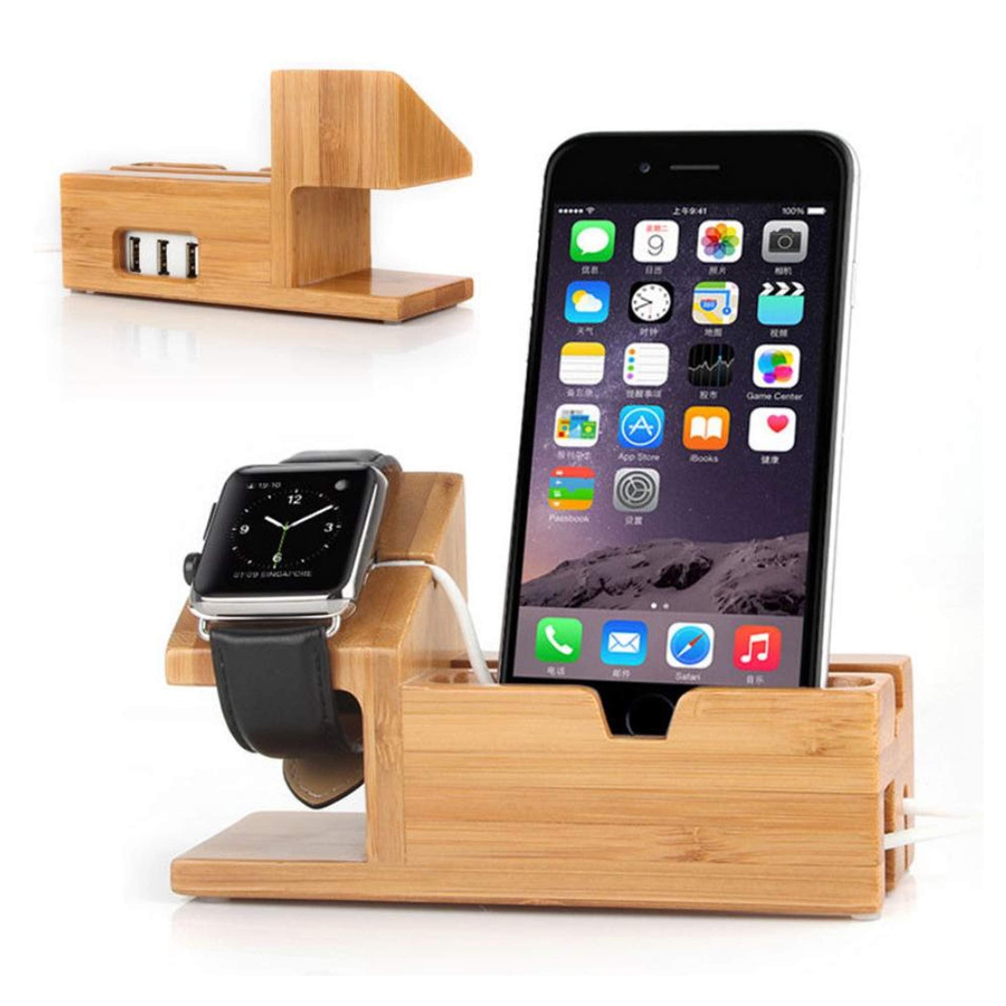 ETCBUYS Wood Charging Station - Fashion Creative Design 3 USB Ports Multiple Devices Organizer Stand for Smartphones Tablets Watch - Eco-Friendly Office Desktop Wooden Docking for Earpods and iWatch - Like New