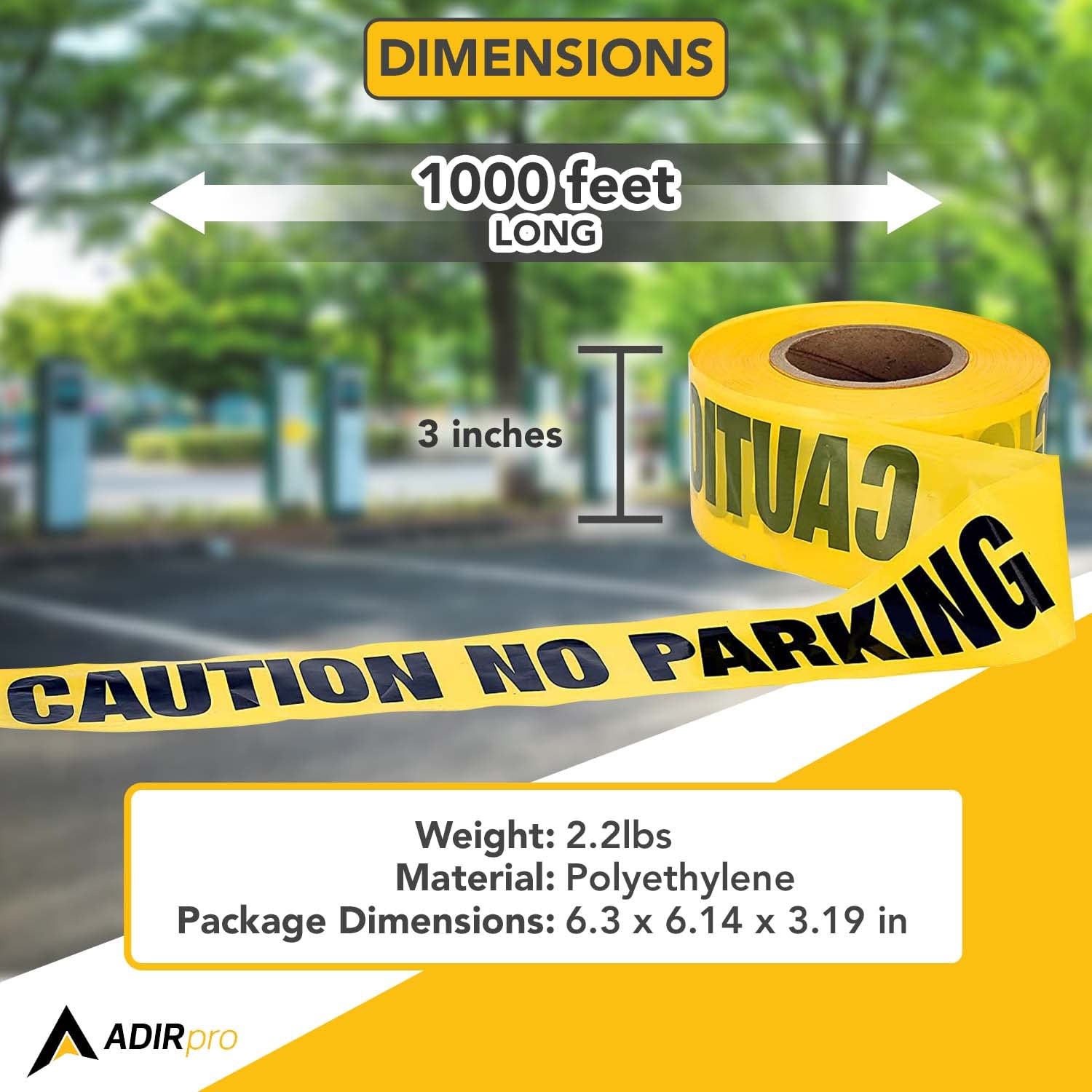Adir No Parking Caution Tape Roll, 1000 feet - High Visibility 3-inch Bright Yellow Tape with Bold Black Print - No Parking Warning Tape for Construction, Utility Companies, Law Enforcement - Like New