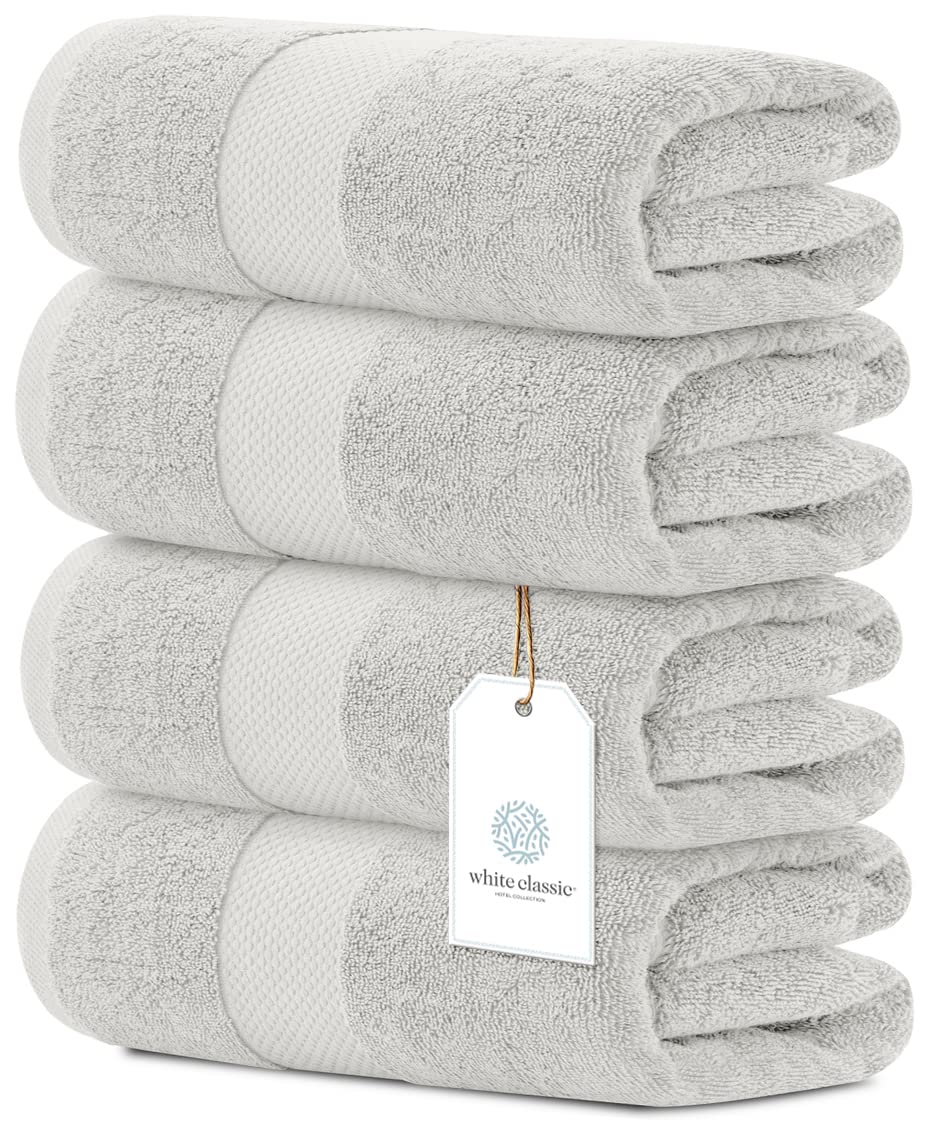 White Classic Luxury Cotton Bath Towels Large - | Highly Absorbent Hotel spa Collection Bathroom Towel | 27 inch X 54 inch | Set of 4 (Silver, 4) - Acceptable