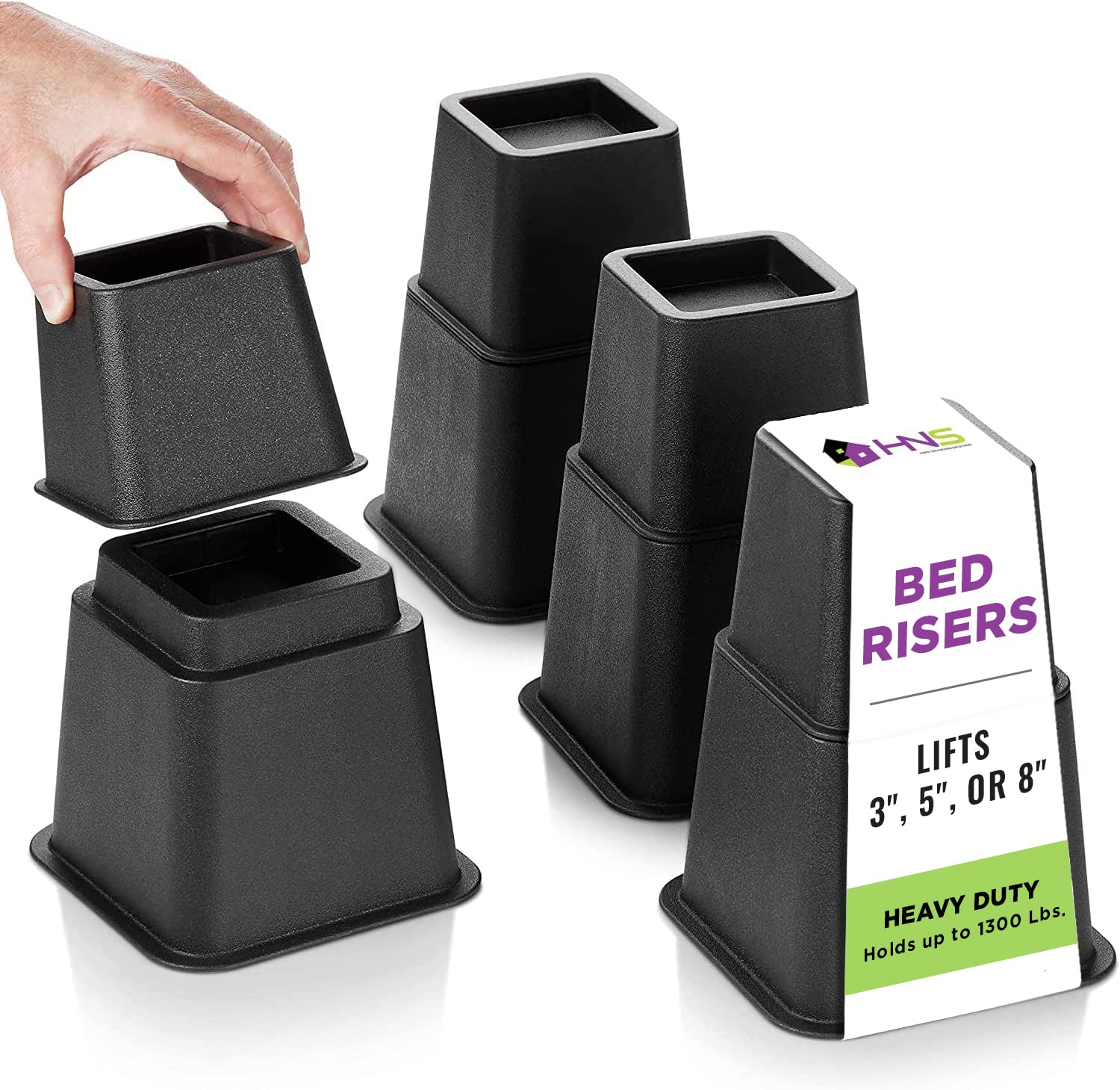 Adjustable Bed Risers and Furniture Risers - Stackable Bed Lift 3, 5, or 8 Inch - Set of 4 Bed Risers 8 inch Heavy Duty - Perfect for College Dorms- Supports up to 1,300 lbs � Fits legs up to 7.5� W - Very Good