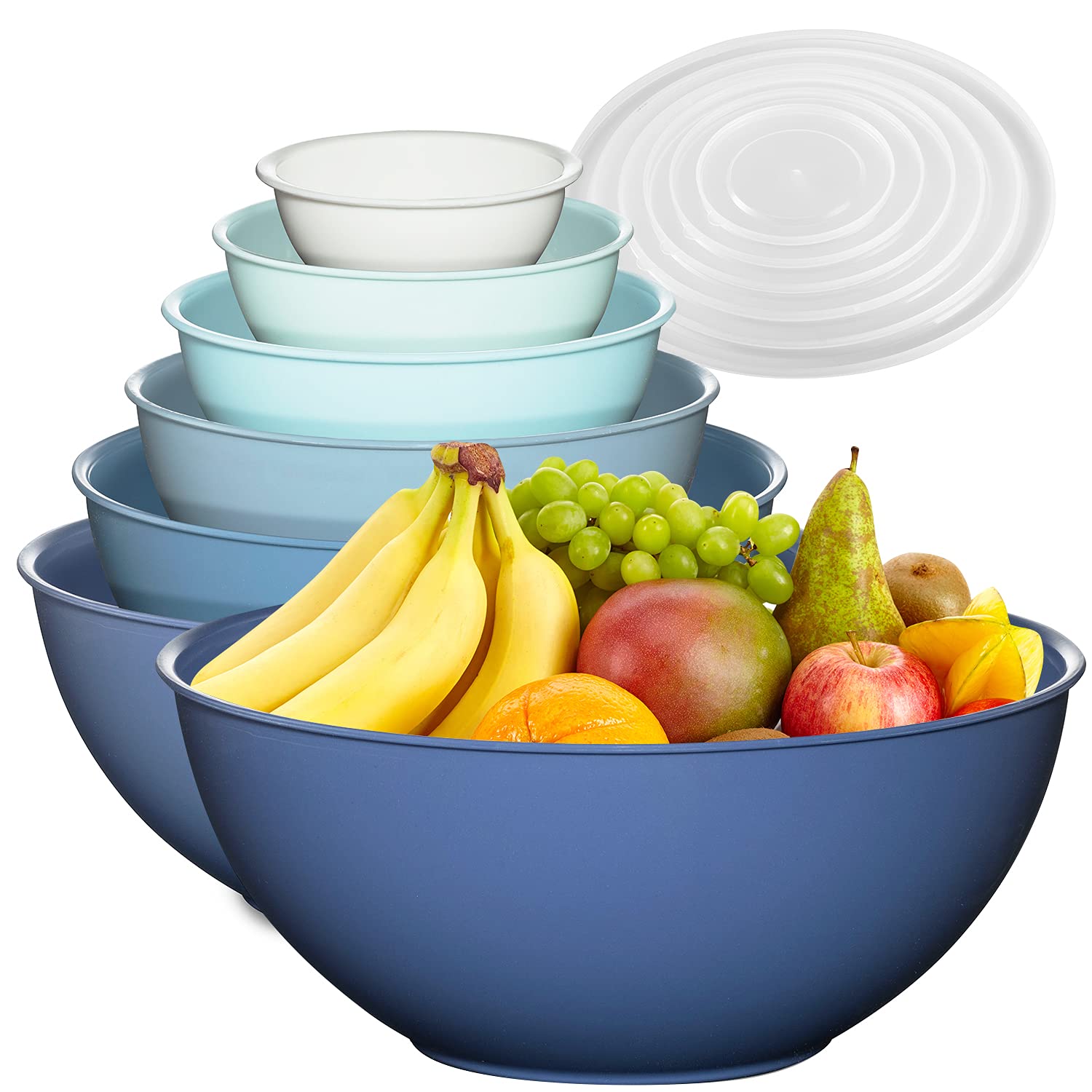 12 Piece Plastic Mixing Bowls Set, Colorful Nesting Bowls with Lids, 6 Prep Bowls and 6 Lids - Color Food Storage for Leftovers, Fruit, Salads, Snacks, and Potluck Dishes - Microwave and Freezer Safe - Like New