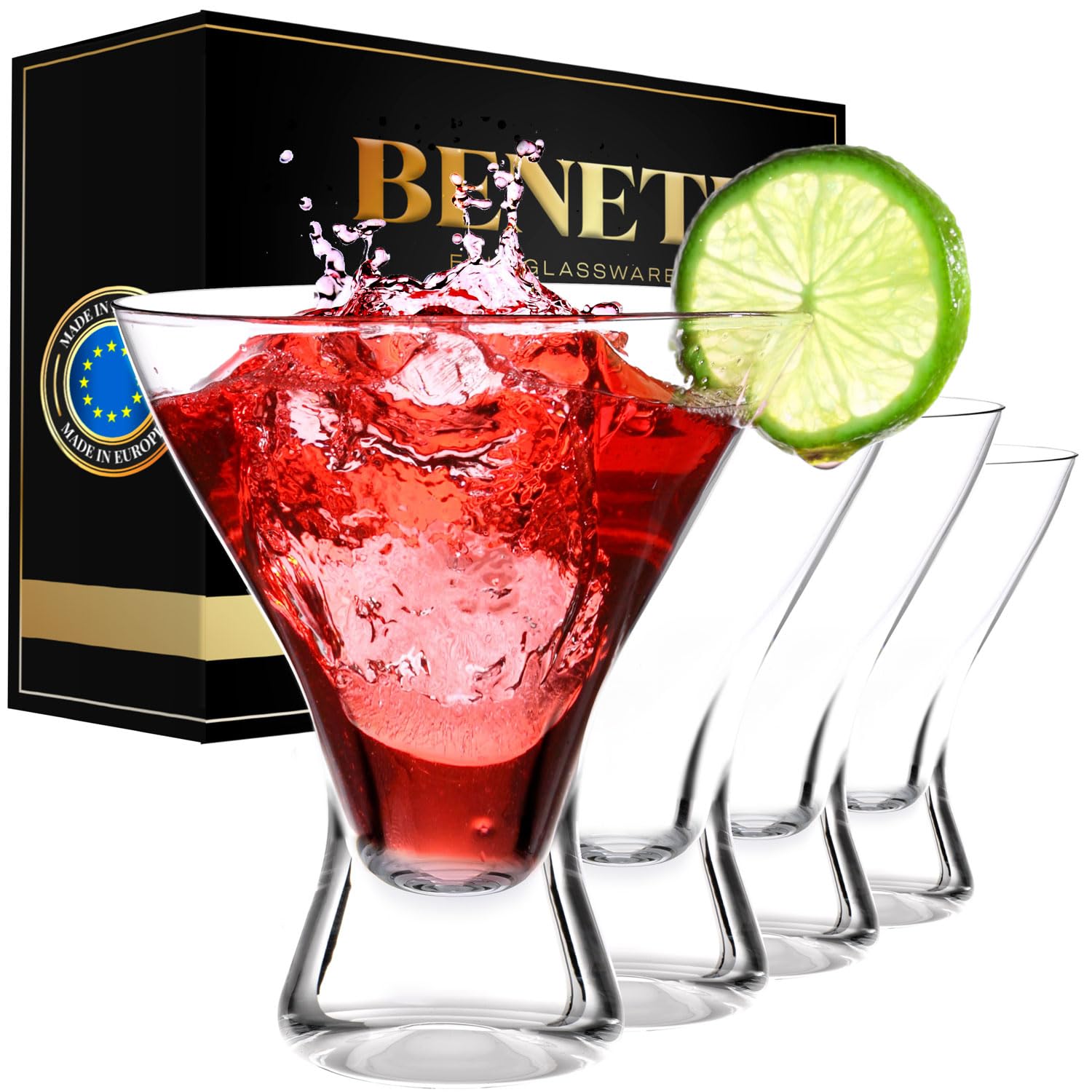 BENETI Martini Glasses | Made In Europe | Stemless Cocktail Bar Glasses Set for Parties - Like New