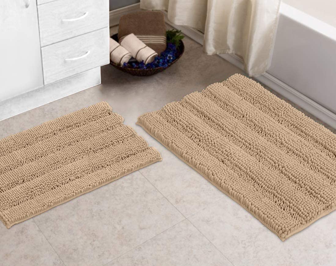 Zebrux Brown Bathroom Rugs Non Slip Thick Shaggy Chenille, Bath Mats for Bathroom Extra Soft and Absorbent - Striped Bath Rugs Set for Indoor/Kitchen - Very Good
