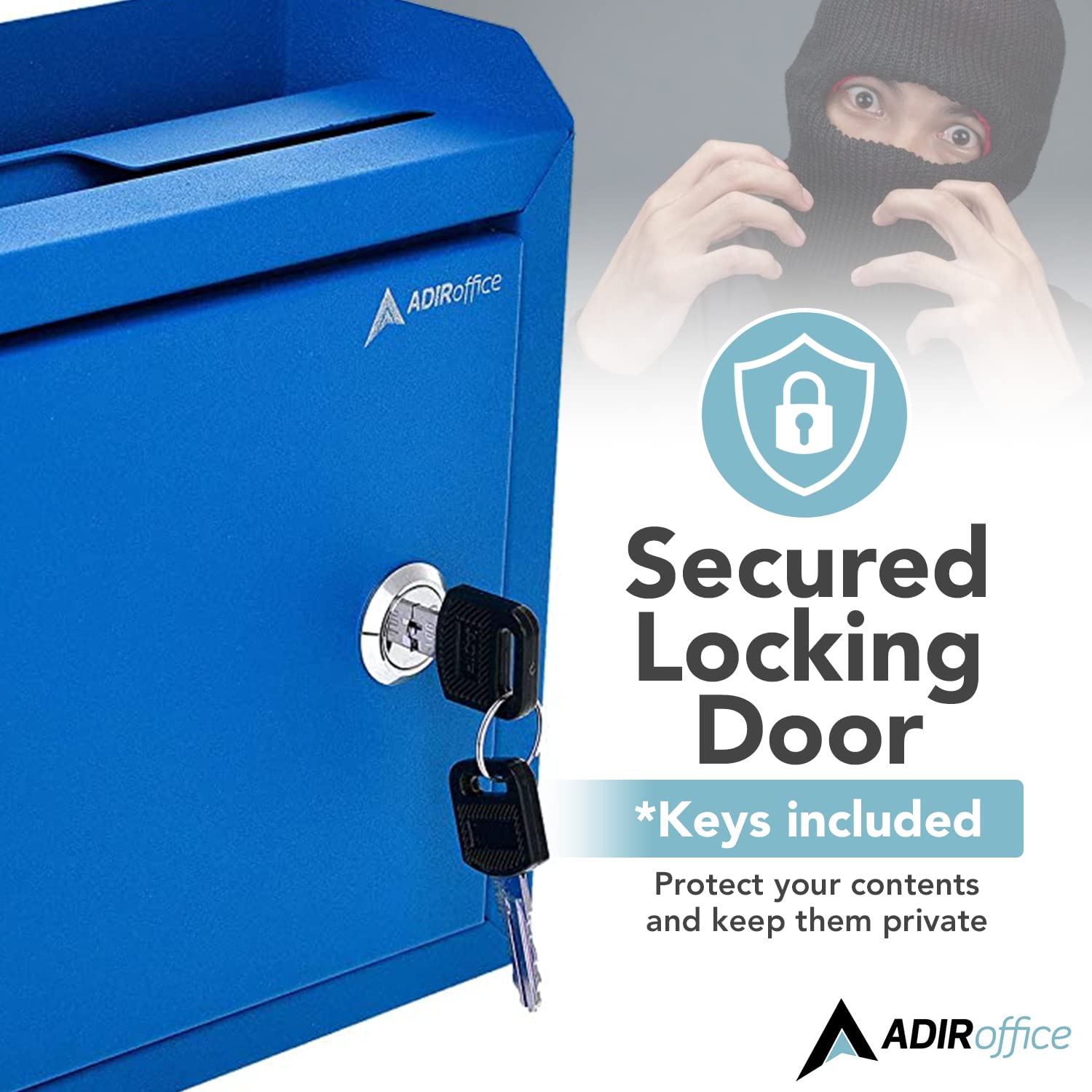 AdirCorp. Suggestion Box with Lock, Safe Wall Mounted Mail Box, Key Drop, Donation File and Money Organizer, 9.75x7x3 (Blue) - Very Good