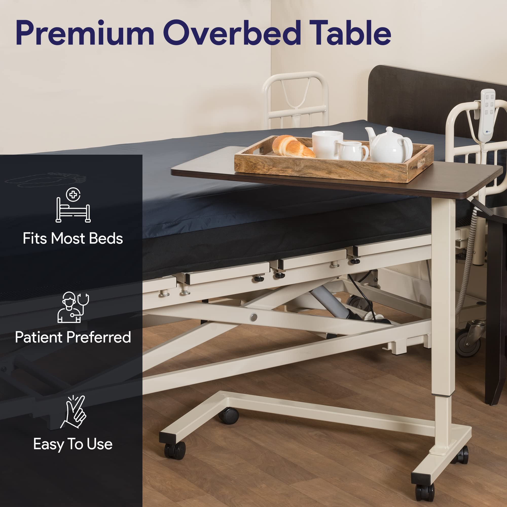Medacure Hospital Bed Table - Overbed Table with Wheels & Adjustable Height - Food, Laptop, and Reading Overbed Desk - 50lb Capacity Over The Bed Table - Like New
